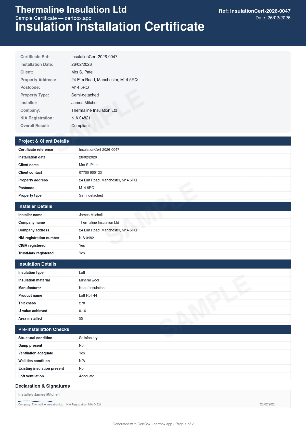 Sample Insulation Installation Certificate certificate created with CertBox, showing the professional PDF layout with insulation type and material, manufacturer and bba/kiwa certification, thickness and u-value achieved