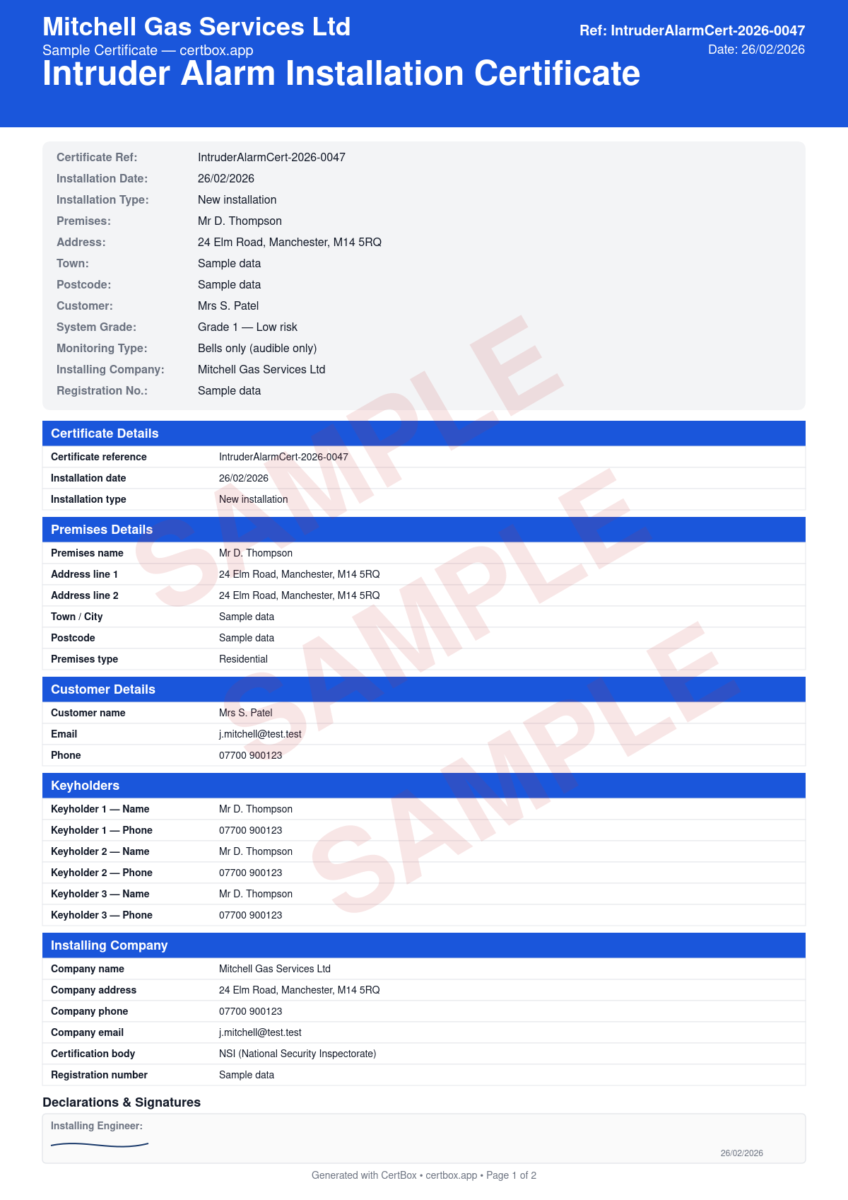 Sample Intruder Alarm Installation Certificate certificate created with CertBox, showing the professional PDF layout with system grade (1-4) and environmental class, detector types and locations, control panel and keypad details