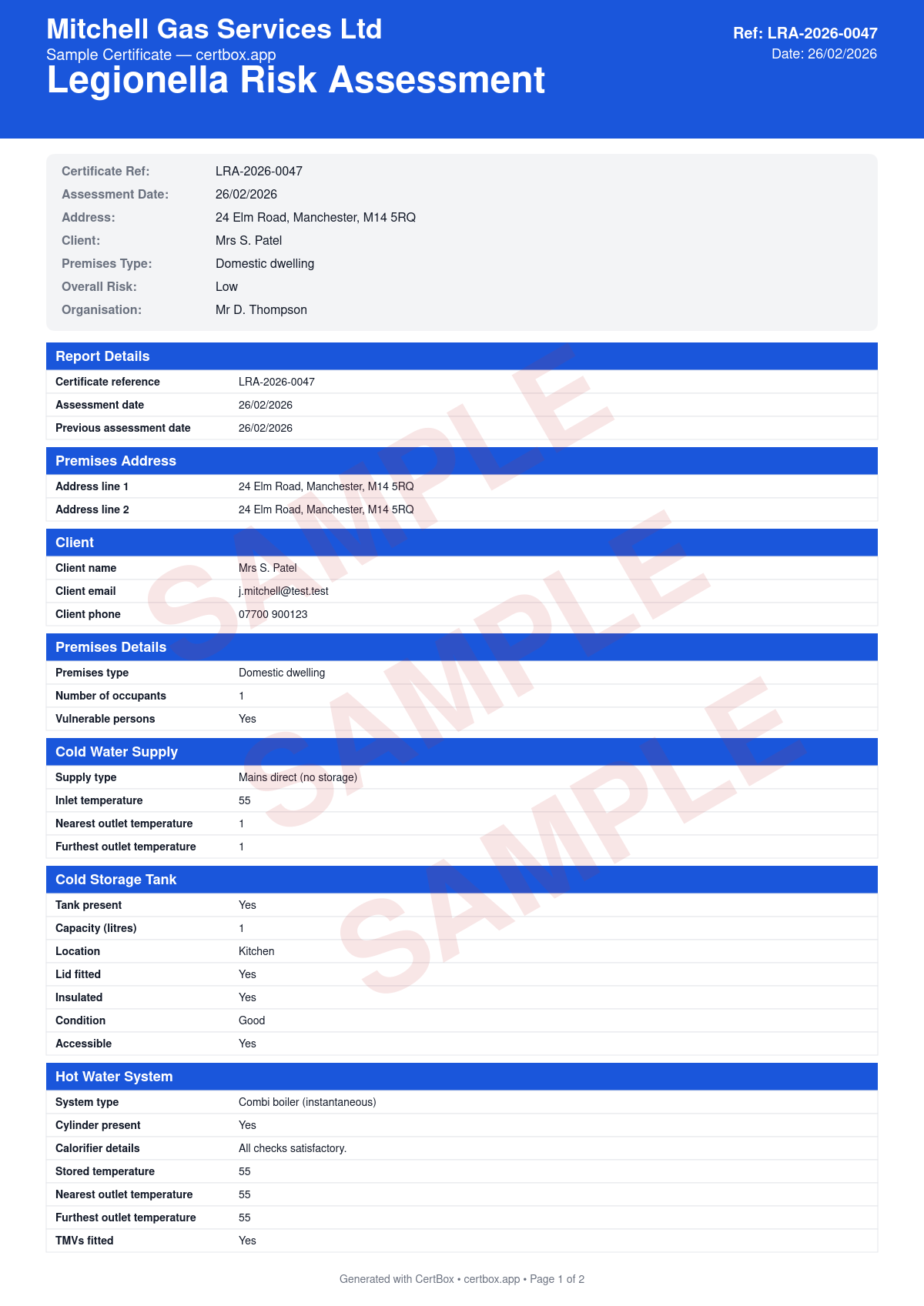 Sample Legionella Risk Assessment certificate created with CertBox, showing the professional PDF layout with water system survey and schematic, temperature monitoring (hot and cold), storage tank inspection