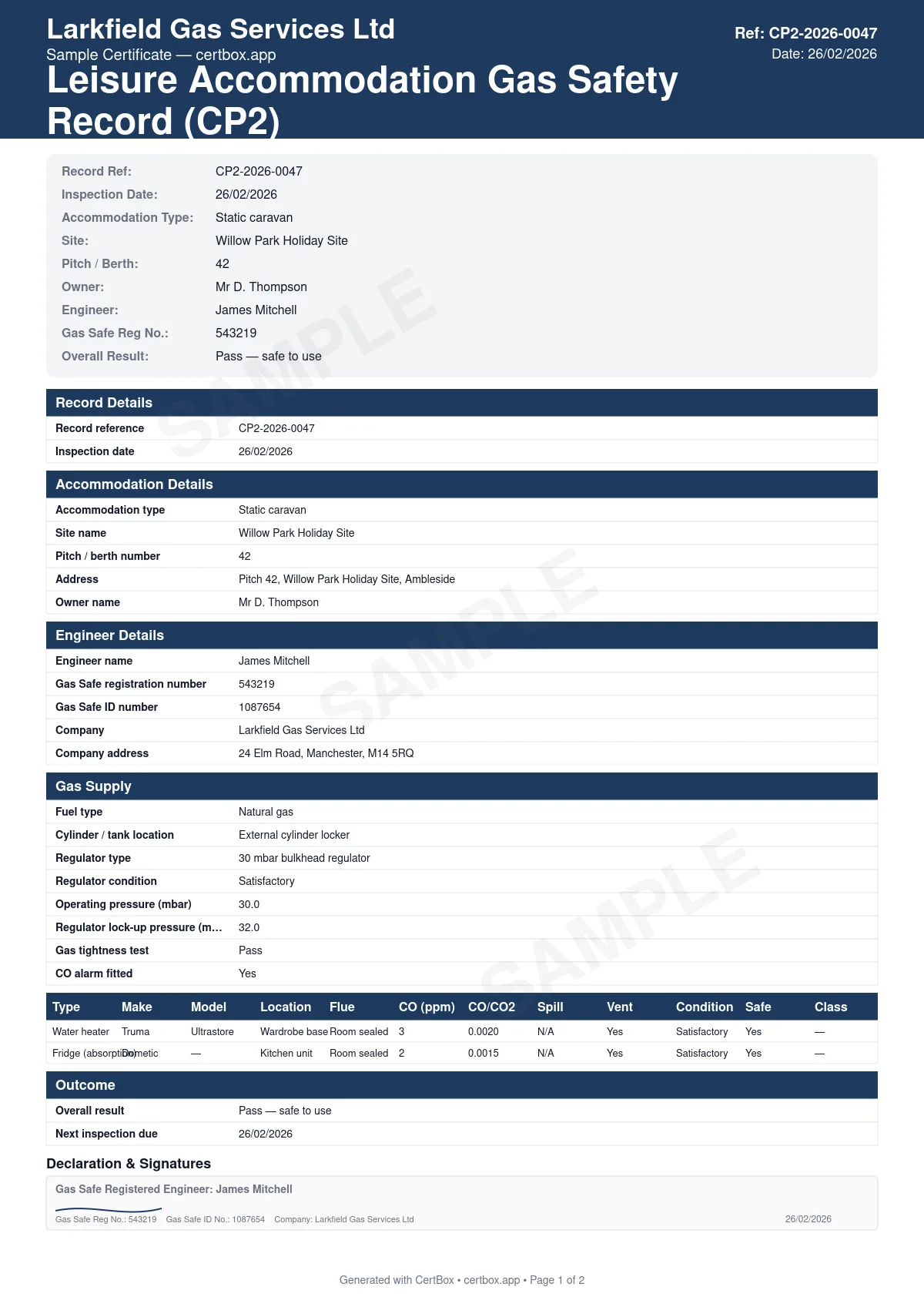 Sample Leisure Accommodation Gas Safety Record (CP2) certificate created with CertBox, showing the professional PDF layout with lpg supply, regulator, and cylinder condition, gas pipework tightness test, each appliance safety check and combustion analysis