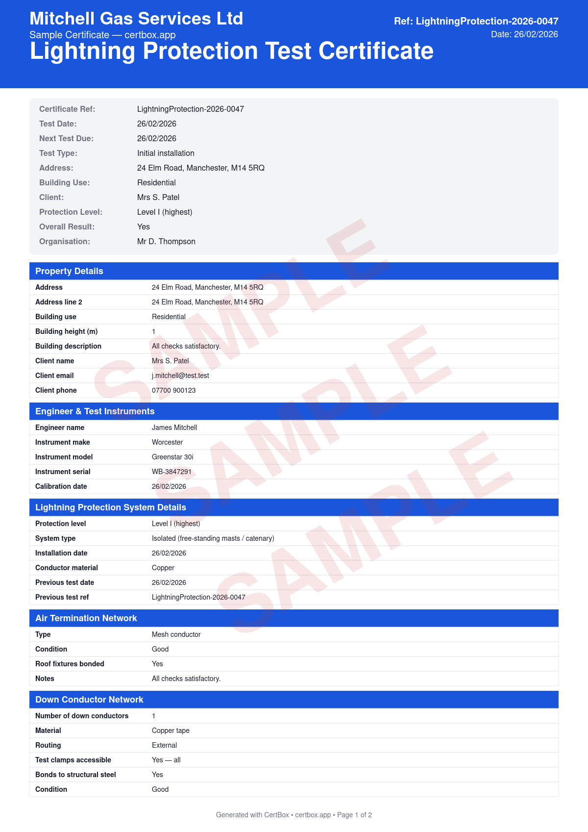Sample Lightning Protection Test Certificate certificate created with CertBox, showing the professional PDF layout with earth electrode resistance measurements, bonding continuity tests, air termination network inspection