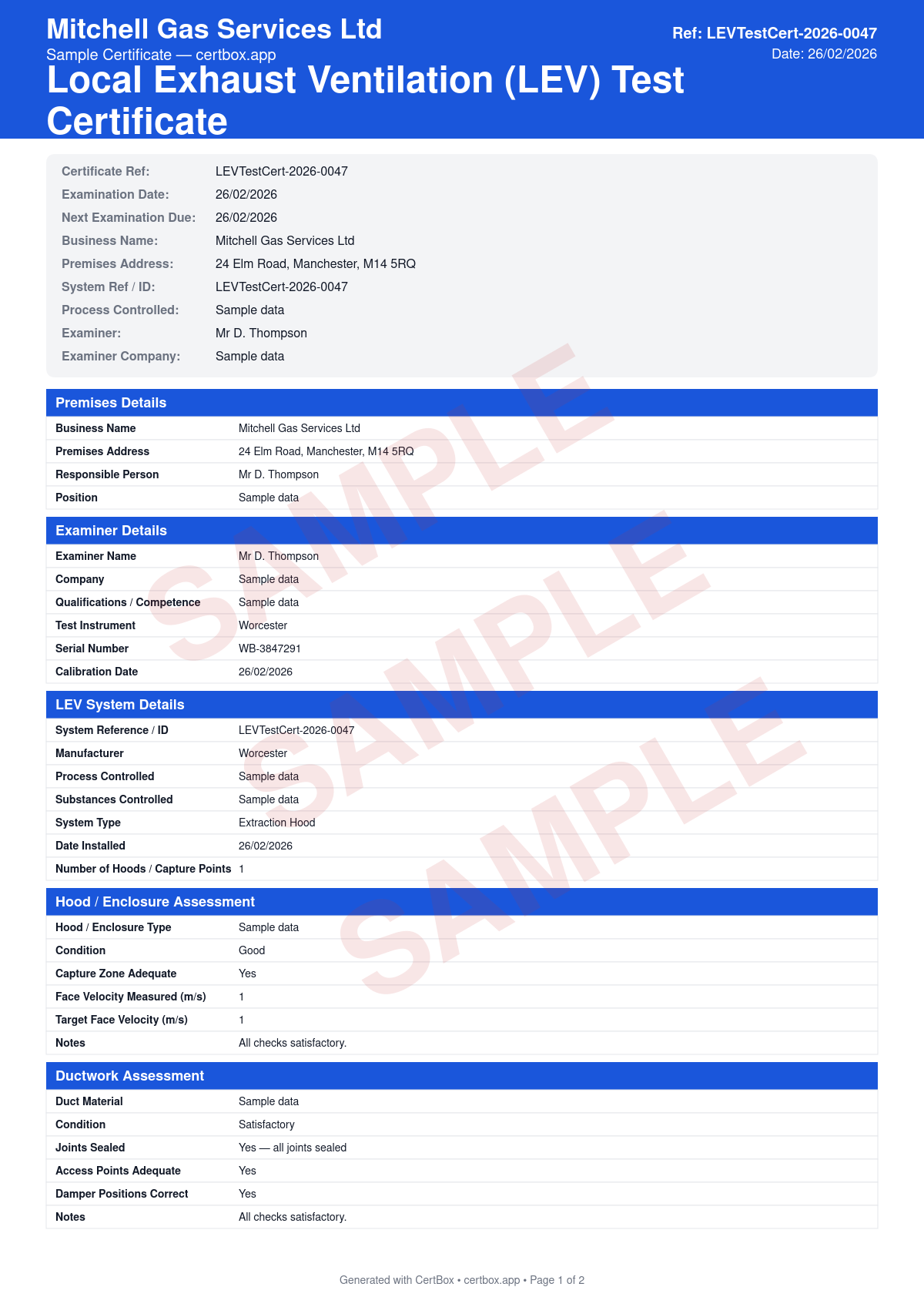Sample Local Exhaust Ventilation (LEV) Test Certificate certificate created with CertBox, showing the professional PDF layout with lev system description and process, hood/enclosure face velocity measurements, duct transport velocity