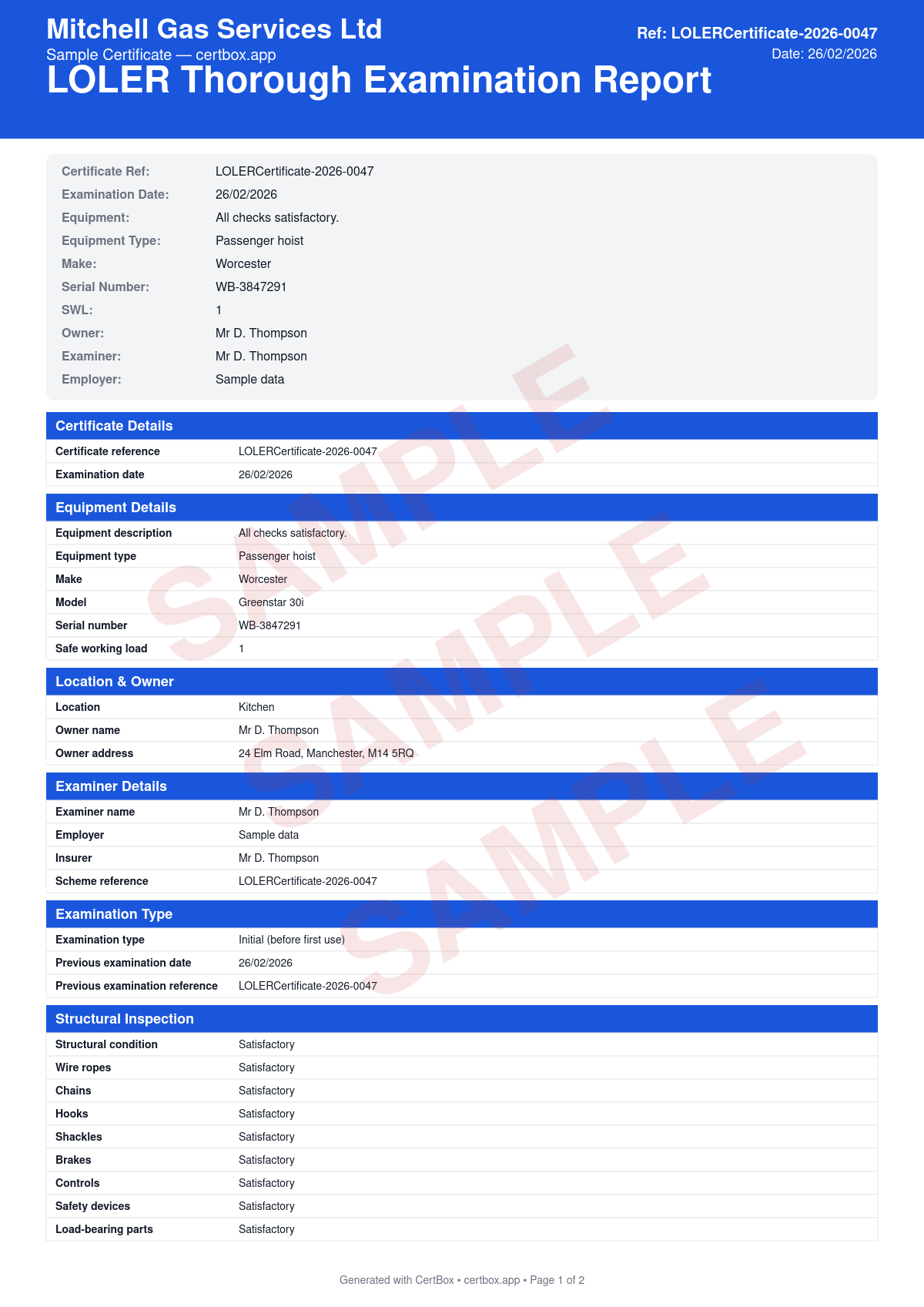 Sample LOLER Thorough Examination Certificate certificate created with CertBox, showing the professional PDF layout with equipment identification and specification, safe working load verification, structural and mechanical inspection