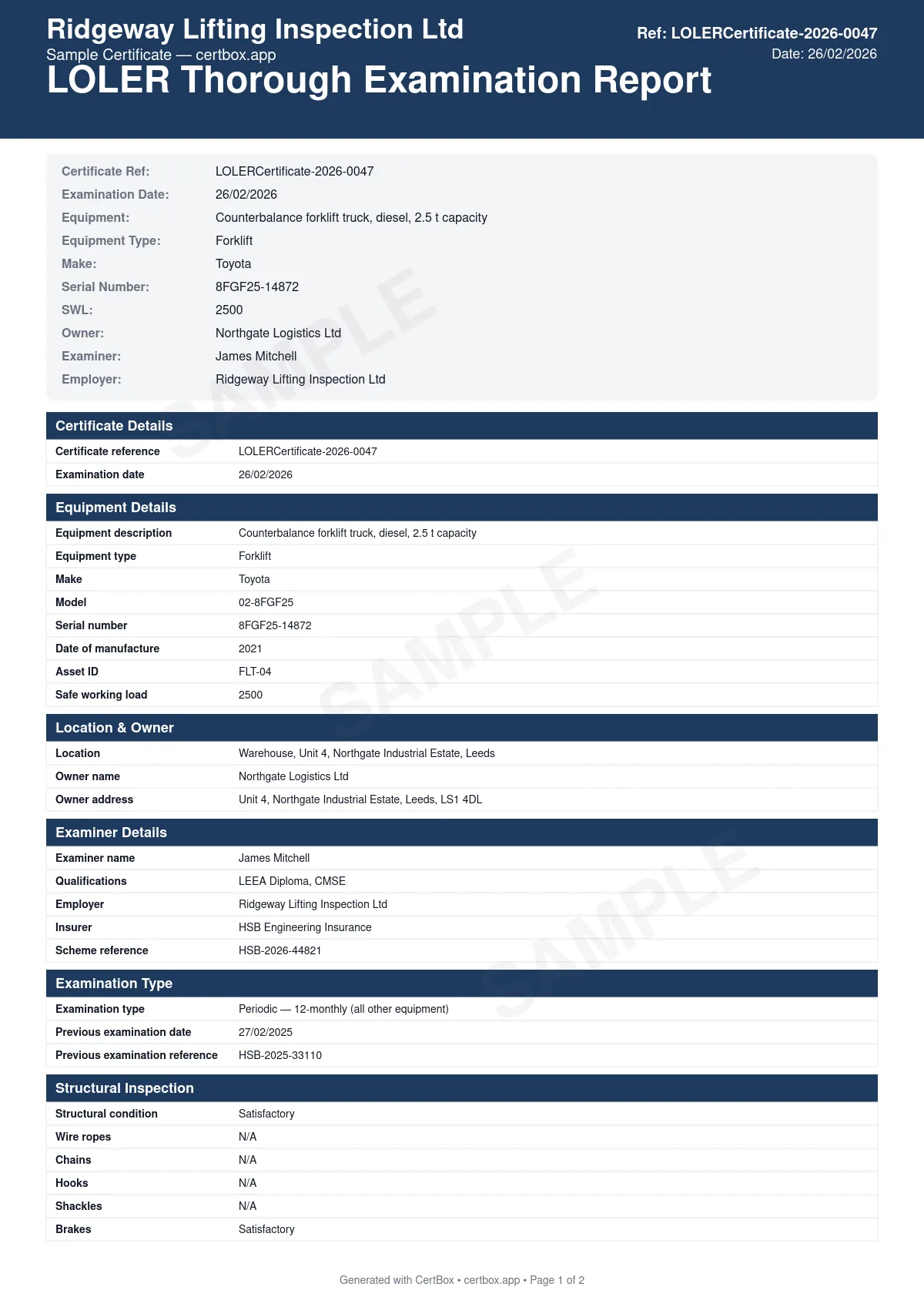 Sample LOLER Thorough Examination Certificate certificate created with CertBox, showing the professional PDF layout with equipment identification and specification, safe working load verification, structural and mechanical inspection