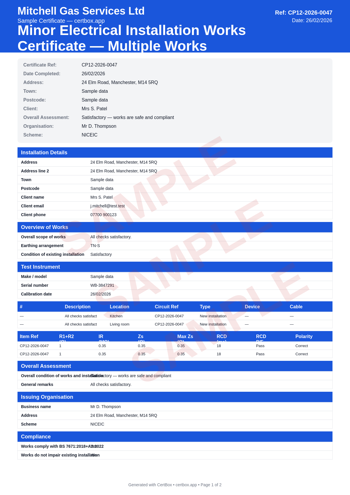 Sample Minor Electrical Installation Works — Multiple Works certificate created with CertBox, showing the professional PDF layout with works schedule with descriptions, location and circuit reference per item, type of work (new/addition/alteration/replacement)