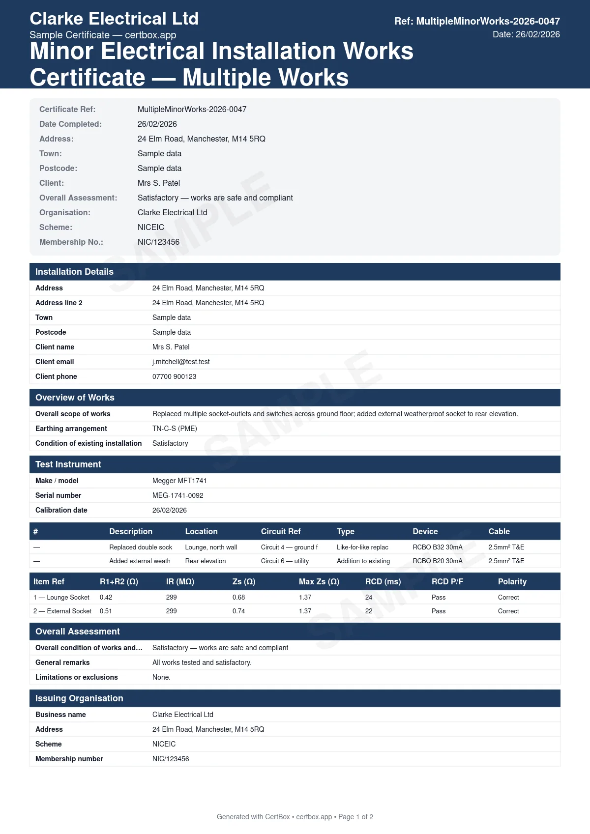 Sample Minor Electrical Installation Works — Multiple Works certificate created with CertBox, showing the professional PDF layout with works schedule with descriptions, location and circuit reference per item, type of work (new/addition/alteration/replacement)