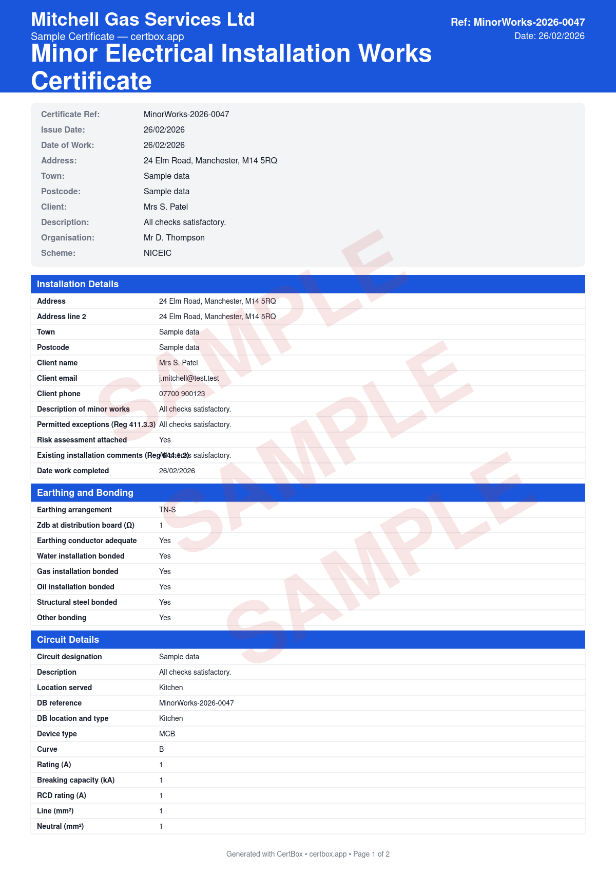 Sample Minor Electrical Installation Works Certificate certificate created with CertBox, showing the professional PDF layout with description of the minor works carried out, circuit details and protective device, test results (zs, insulation resistance, polarity)