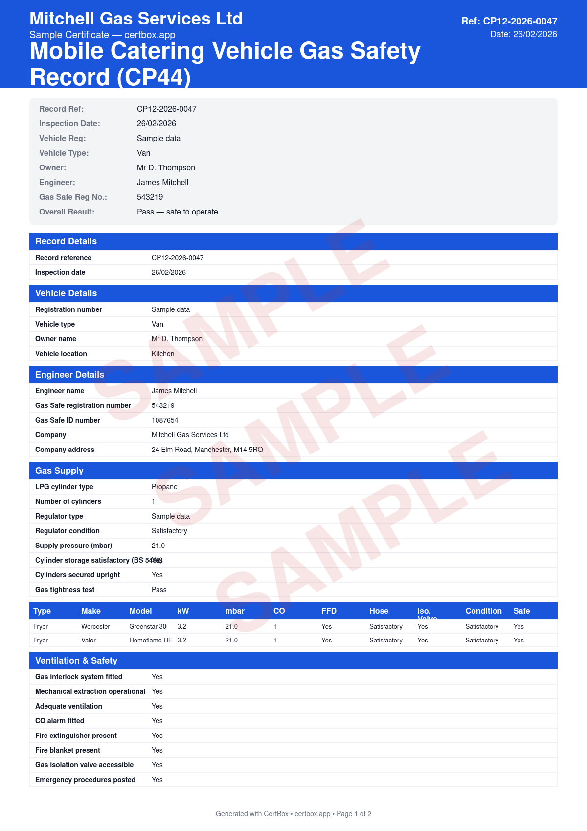 Sample Mobile Catering Vehicle Gas Safety Record (CP44) certificate created with CertBox, showing the professional PDF layout with lpg supply and cylinder storage inspection, gas pipework tightness test, appliance safety checks and flame failure devices