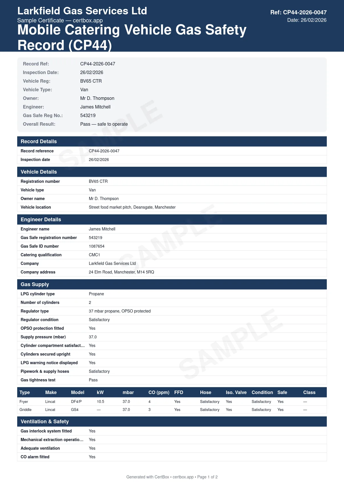 Sample Mobile Catering Vehicle Gas Safety Record (CP44) certificate created with CertBox, showing the professional PDF layout with lpg supply and cylinder storage inspection, gas pipework tightness test, appliance safety checks and flame failure devices