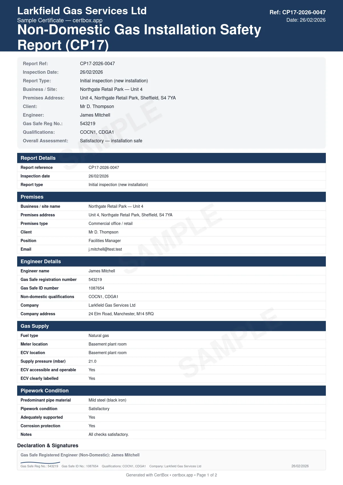 Sample Non-Domestic Gas Installation Safety Report (CP17) certificate created with CertBox, showing the professional PDF layout with gas meter and emergency control valve condition, pipework inspection and tightness test, each appliance safety assessment and classification