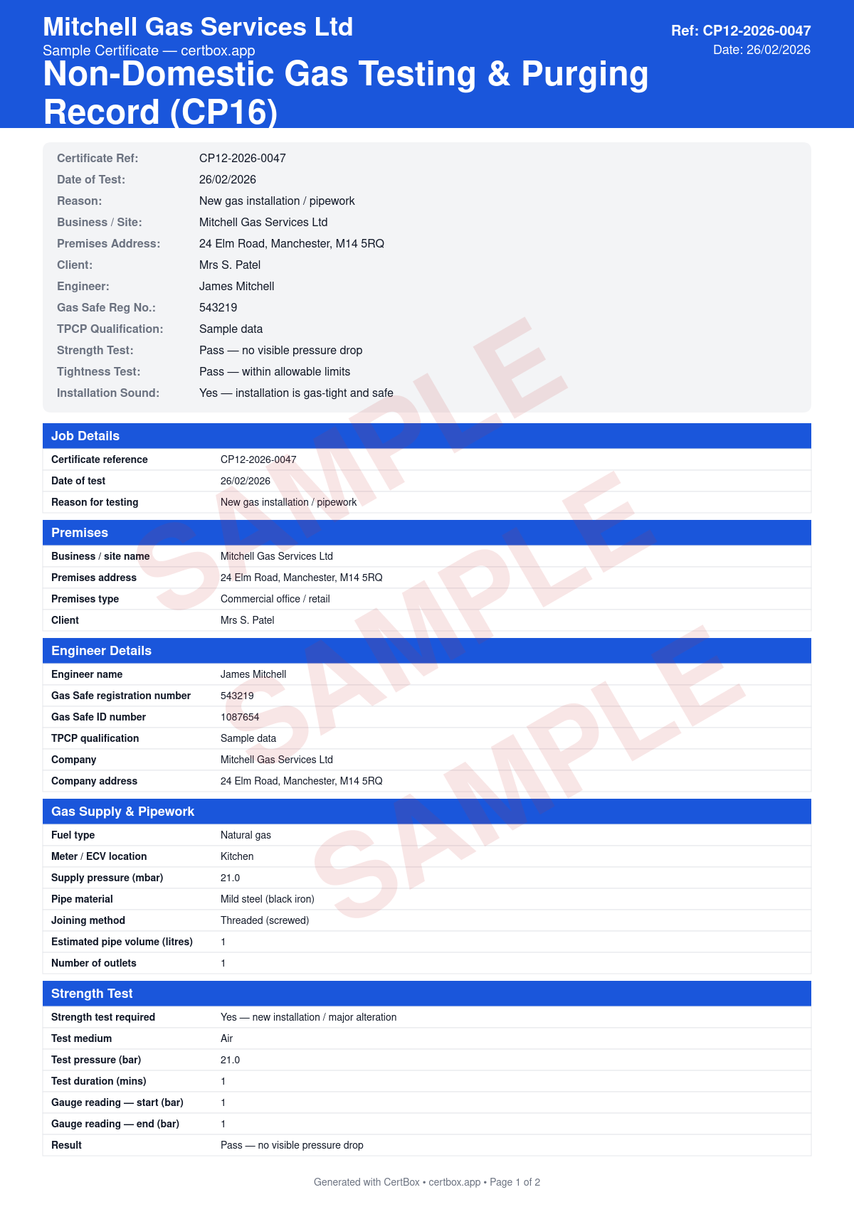 Sample Non-Domestic Gas Testing & Purging Record (CP16) certificate created with CertBox, showing the professional PDF layout with pipework tightness test results and pressures, purge procedure and gas detection confirmation, let-by test on meter and emergency control valve