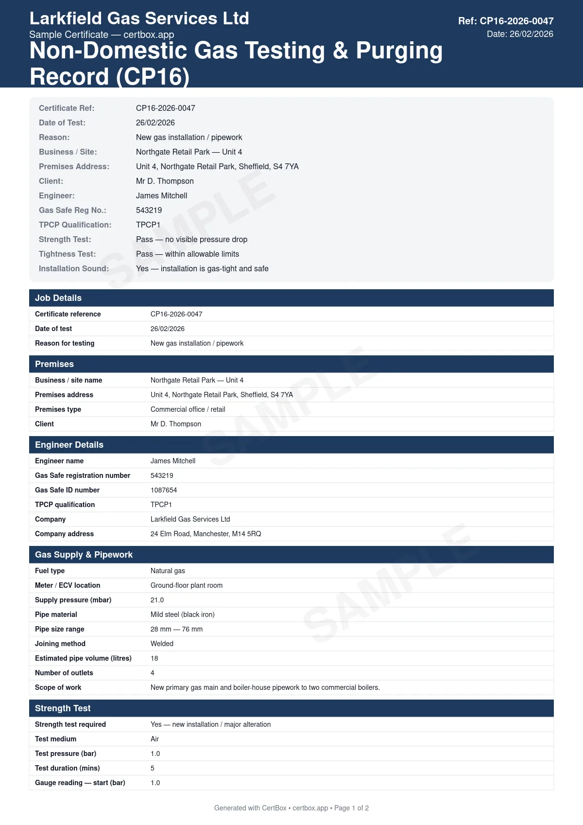 Sample Non-Domestic Gas Testing & Purging Record (CP16) certificate created with CertBox, showing the professional PDF layout with pipework tightness test results and pressures, purge procedure and gas detection confirmation, let-by test on meter and emergency control valve