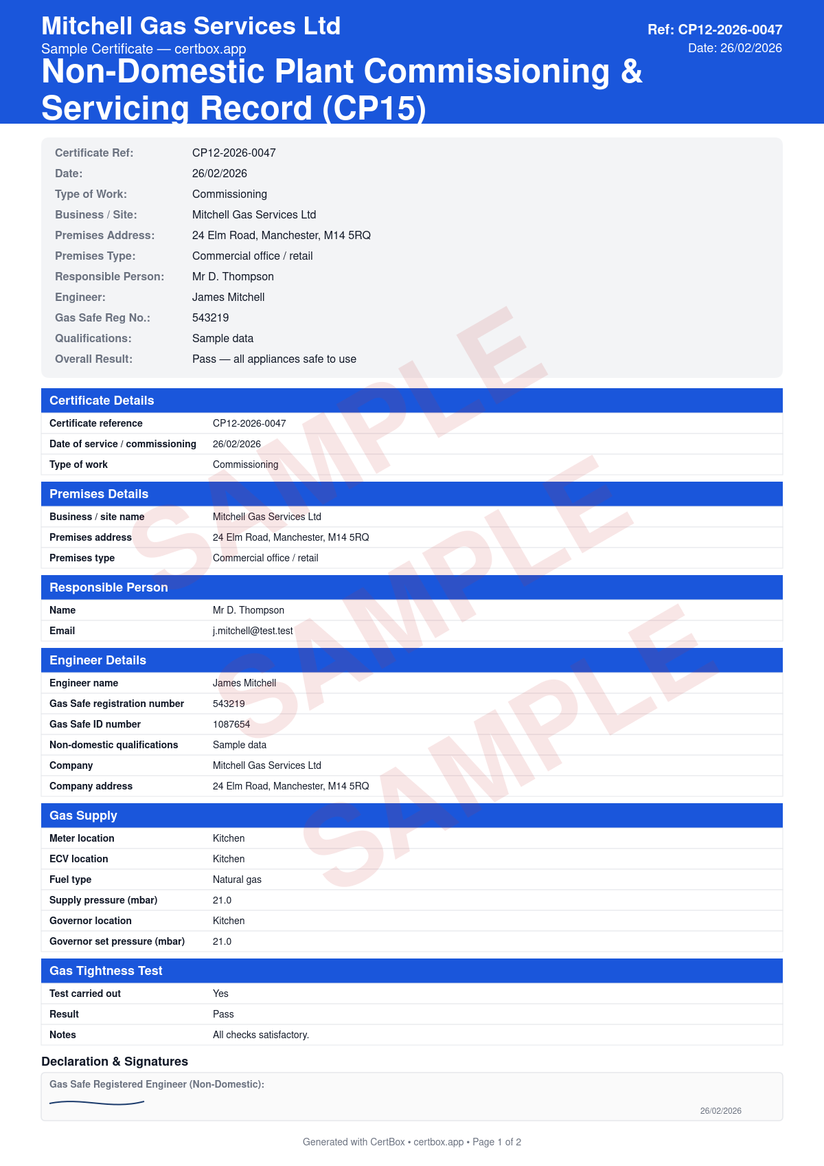 Sample Non-Domestic Plant Commissioning & Servicing Record (CP15) certificate created with CertBox, showing the professional PDF layout with non-domestic appliance identification and location, combustion analysis and gas rate checks, flue integrity and ventilation assessment