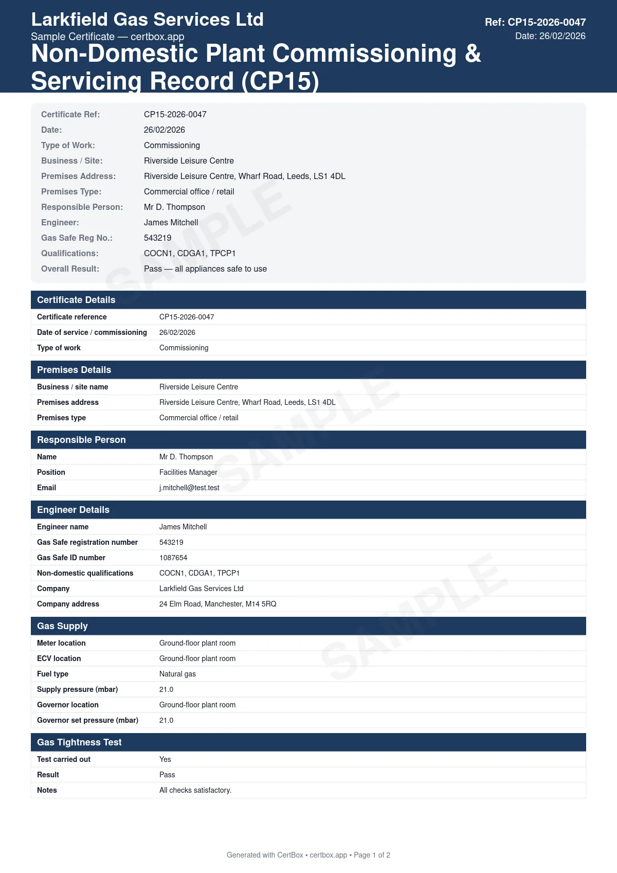 Sample Non-Domestic Plant Commissioning & Servicing Record (CP15) certificate created with CertBox, showing the professional PDF layout with non-domestic appliance identification and location, combustion analysis and gas rate checks, flue integrity and ventilation assessment
