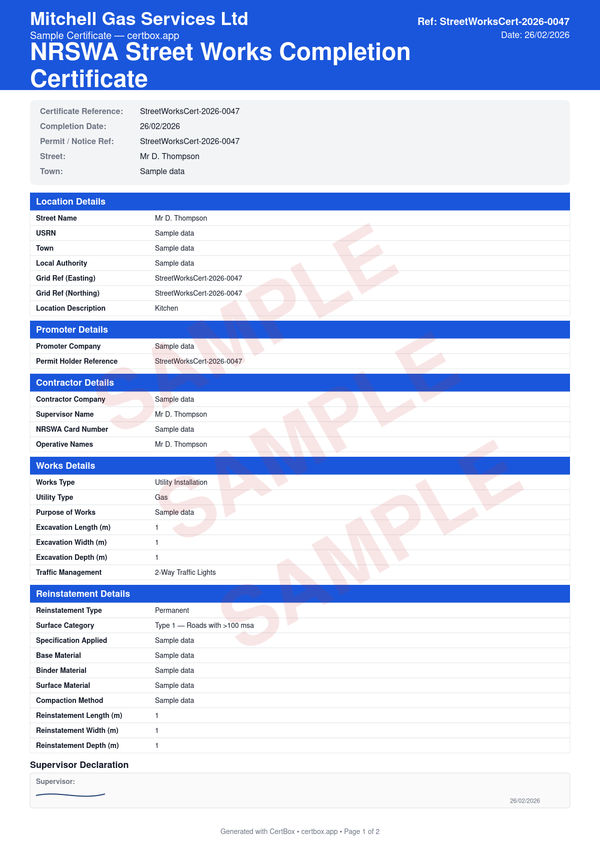 Sample NRSWA Street Works Completion Certificate certificate created with CertBox, showing the professional PDF layout with permit/notice reference number, location and extent of works, reinstatement type and materials