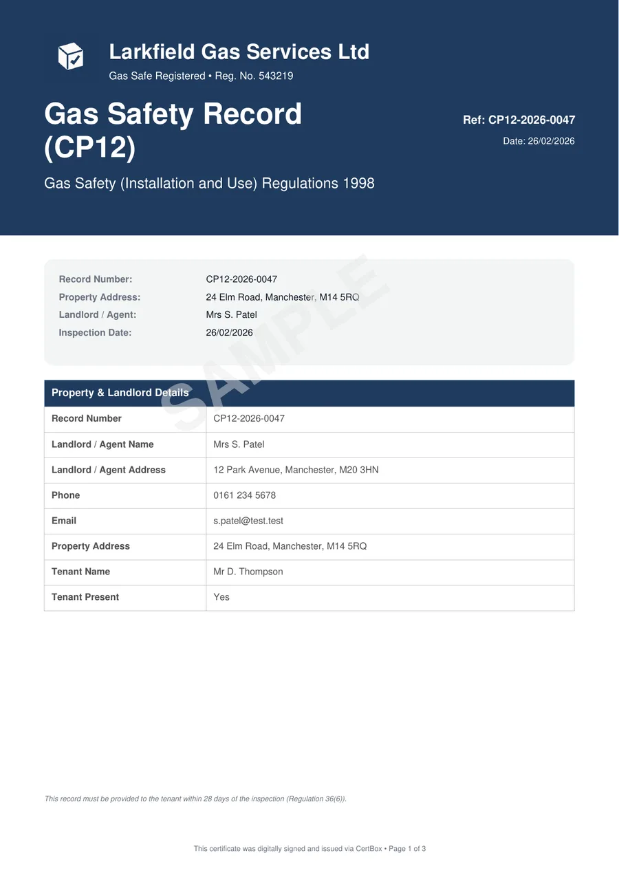 A finished Gas Safety Record (CP12), page 1