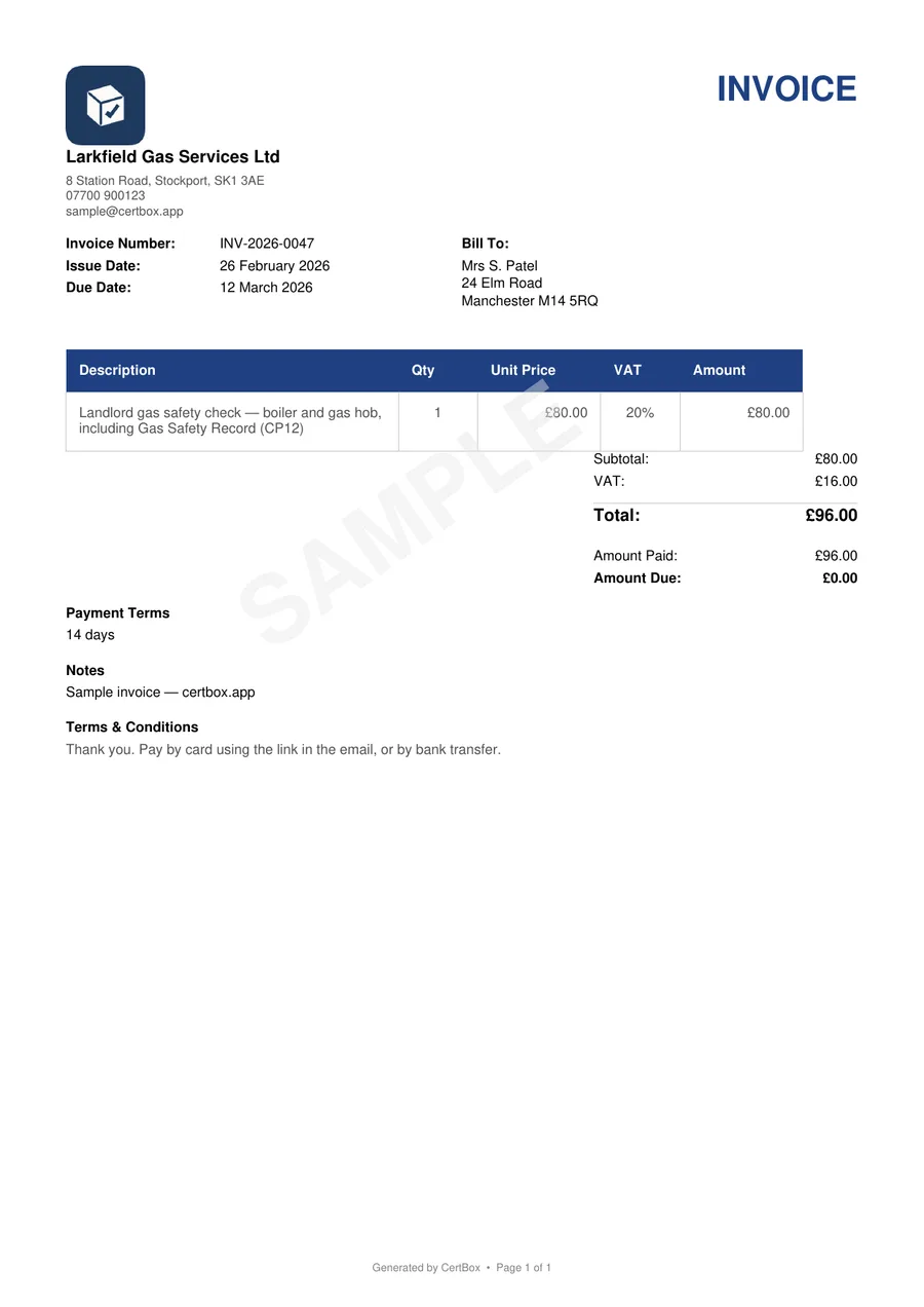 A sample invoice PDF produced by CertBox, watermarked SAMPLE