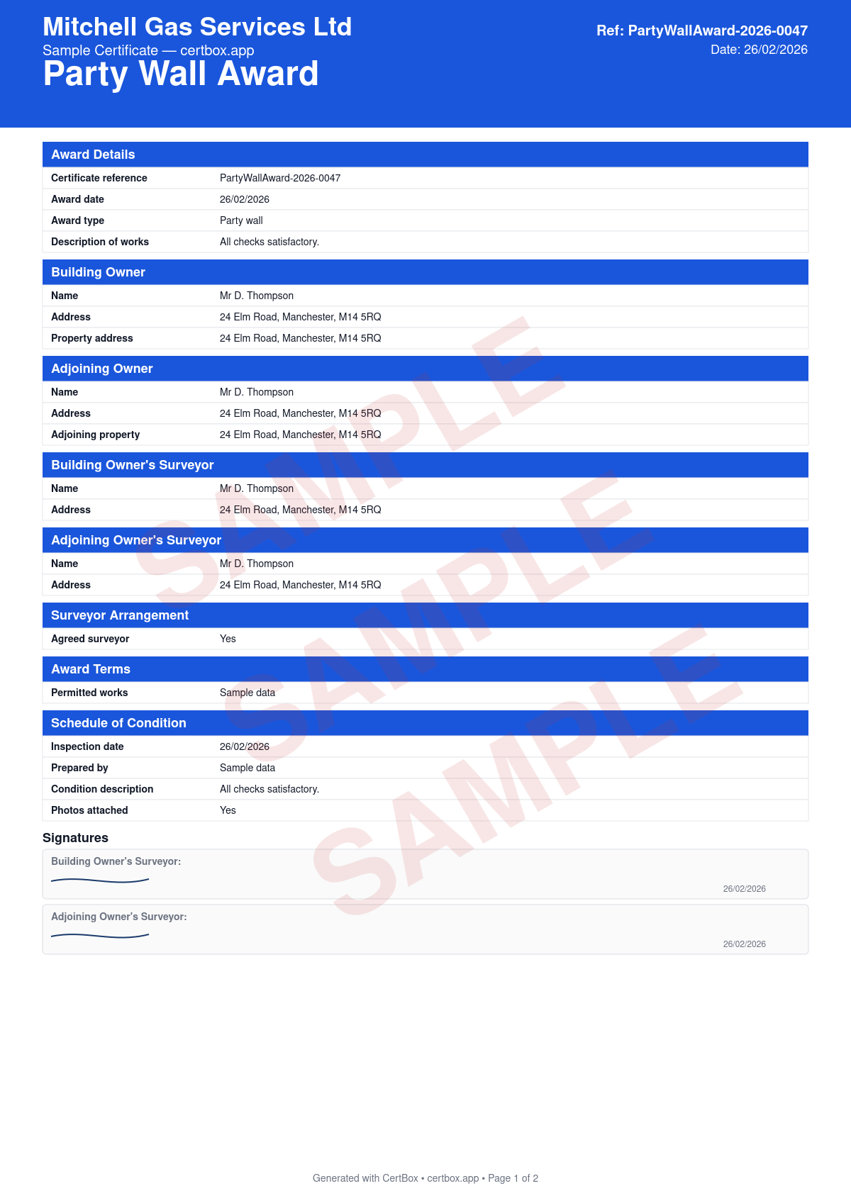 Sample Party Wall Award certificate created with CertBox, showing the professional PDF layout with agreed scope of building works, schedule of condition (before photos), access arrangements