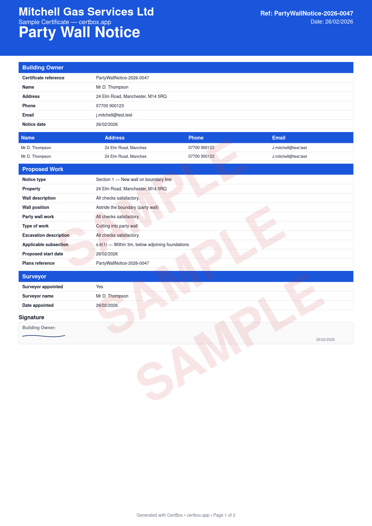 Sample Party Wall Notice certificate created with CertBox, showing the professional PDF layout with type of notice (section 1, 3, or 6), description of proposed works, start date and duration