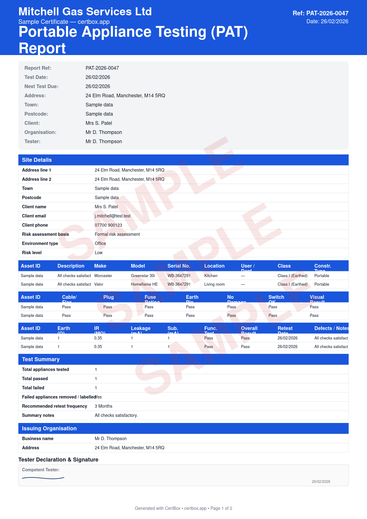 Sample Portable Appliance Test Certificate (PAT) certificate created with CertBox, showing the professional PDF layout with visual inspection of plug, cable, and appliance, earth continuity test, insulation resistance test