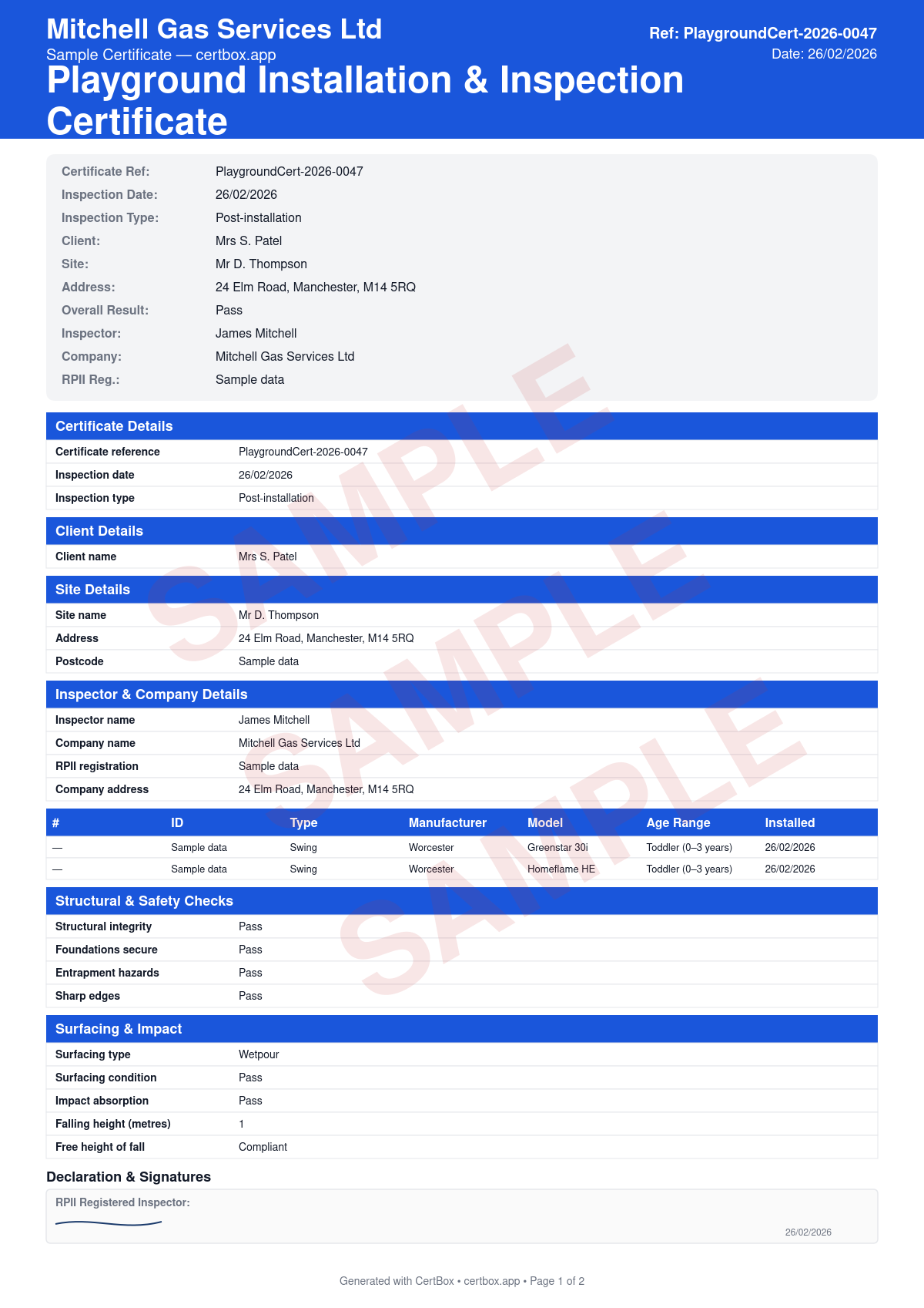Sample Playground Installation & Inspection Certificate certificate created with CertBox, showing the professional PDF layout with equipment identification and condition, structural integrity and fixings, surfacing type and impact absorption
