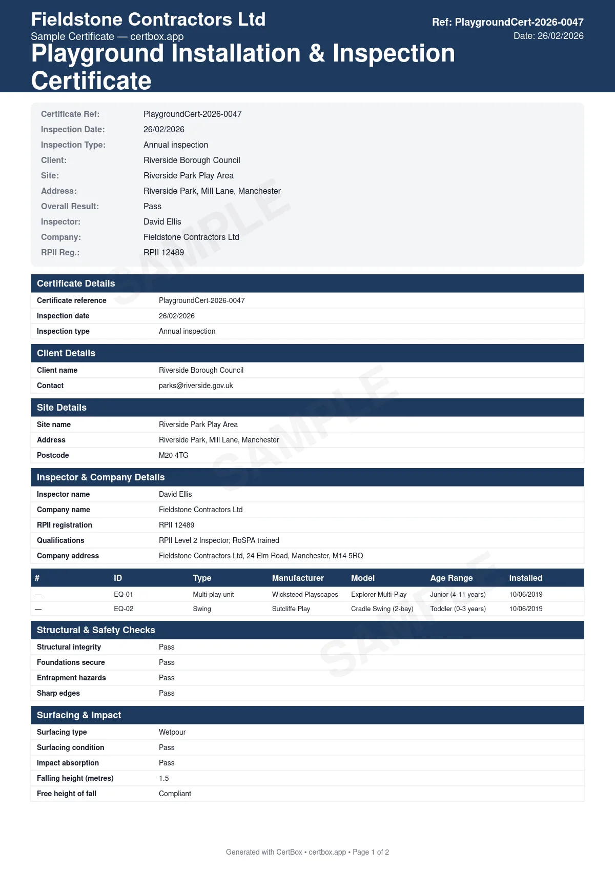 Sample Playground Installation & Inspection Certificate certificate created with CertBox, showing the professional PDF layout with equipment identification and condition, structural integrity and fixings, surfacing type and impact absorption