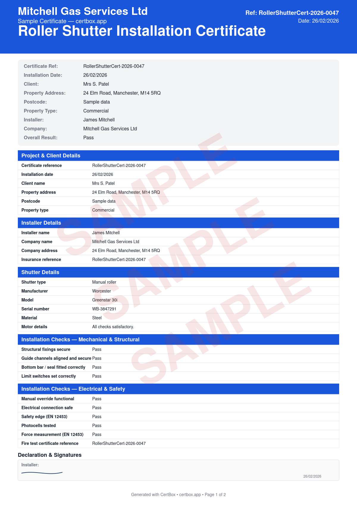 Sample Roller Shutter Installation Certificate certificate created with CertBox, showing the professional PDF layout with shutter type, dimensions, and manufacturer, structural fixing adequacy, motor and limit switch testing