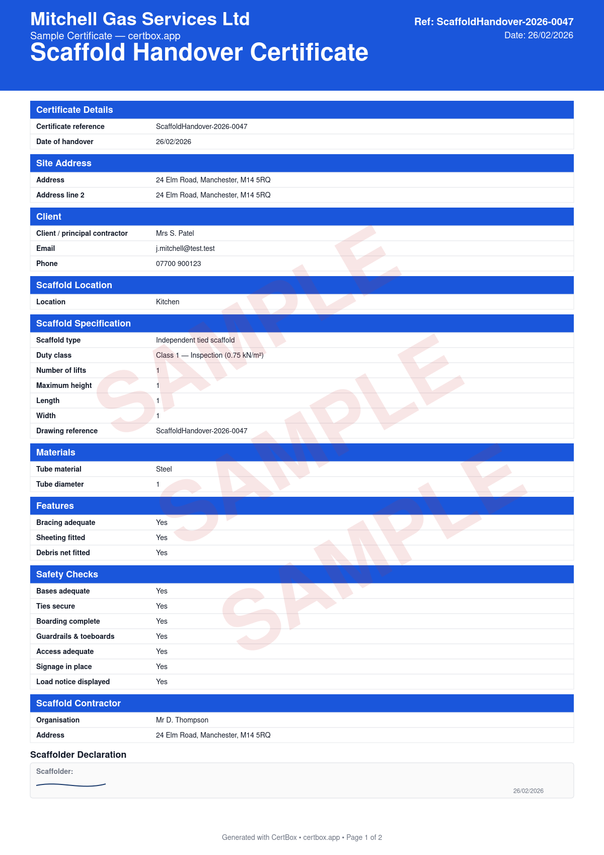 Sample Scaffold Handover Certificate certificate created with CertBox, showing the professional PDF layout with scaffold specification and design, load classification and capacity, tie pattern and bracing