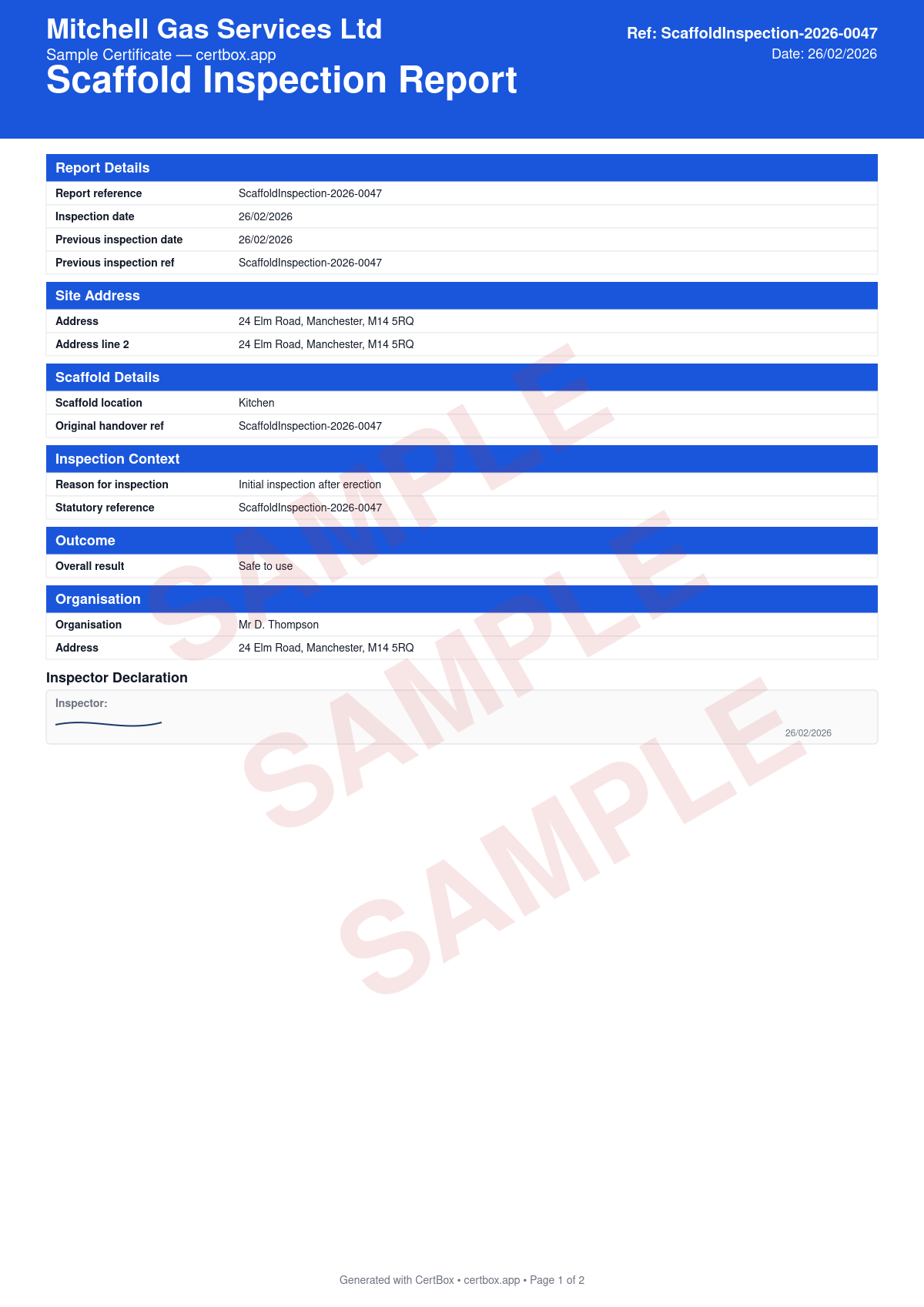 Sample Scaffold Inspection Report (7-day) certificate created with CertBox, showing the professional PDF layout with scaffold condition assessment, structural integrity check, tie and bracing inspection