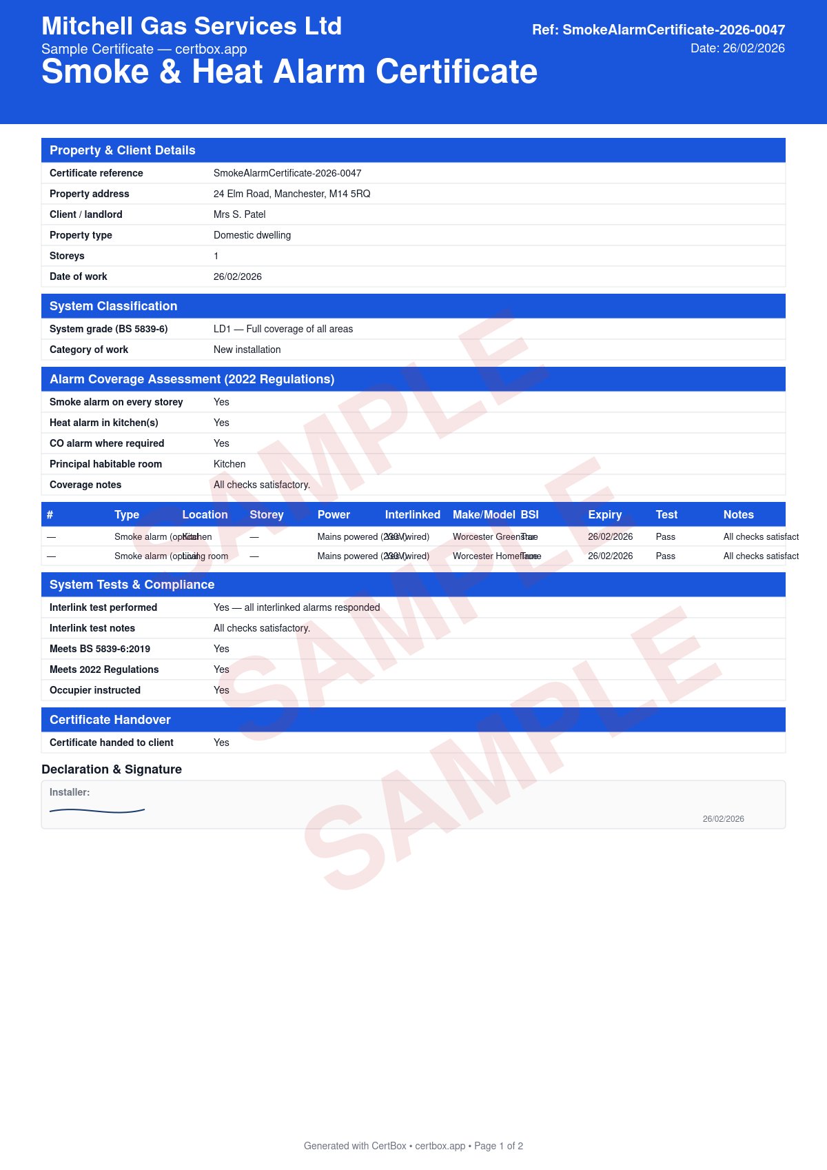 Sample Smoke & Heat Alarm Certificate certificate created with CertBox, showing the professional PDF layout with alarm locations (every storey, kitchen, living areas), alarm types (optical, ionisation, heat), make, model, and installation date