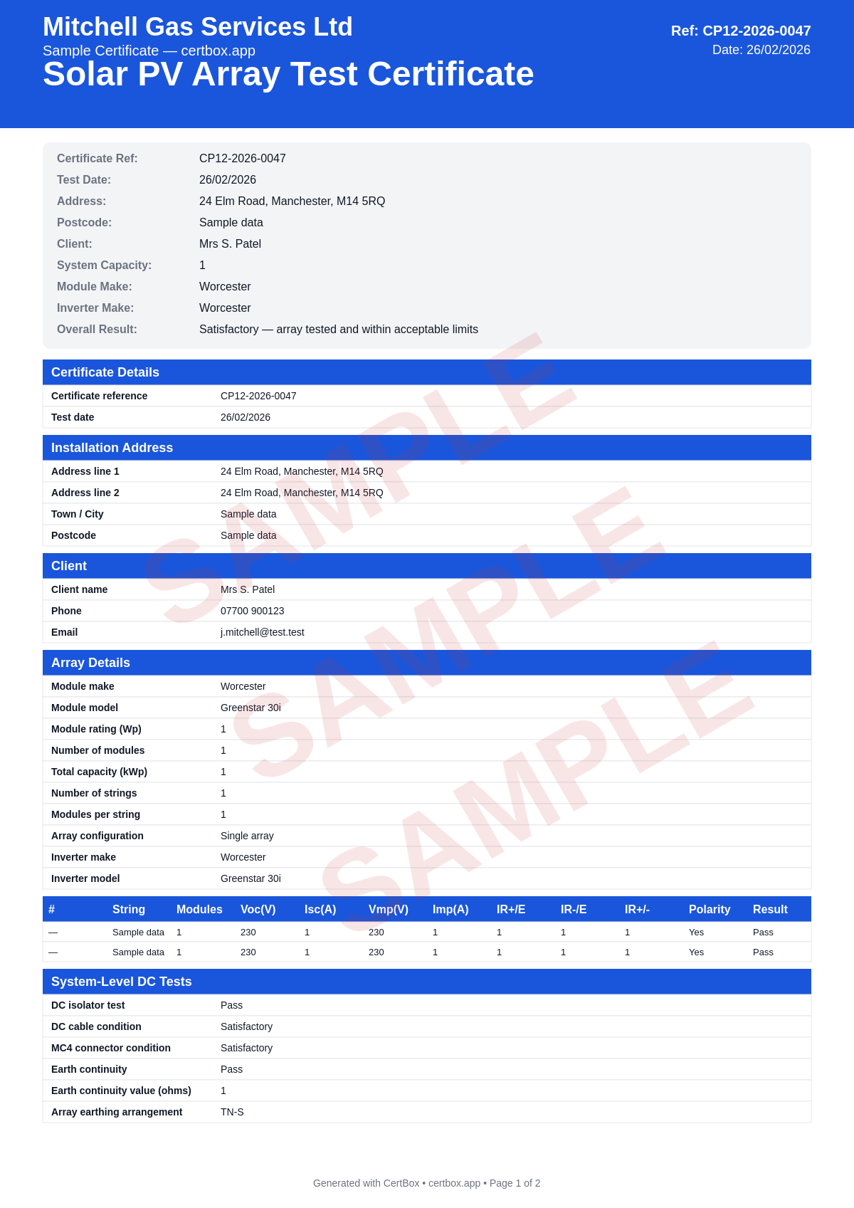 Sample Solar PV Array Test Certificate certificate created with CertBox, showing the professional PDF layout with string-by-string voc and isc measurements, three-way insulation resistance testing (positive/earth, negative/earth, positive/negative), dc isolator and cable condition assessment