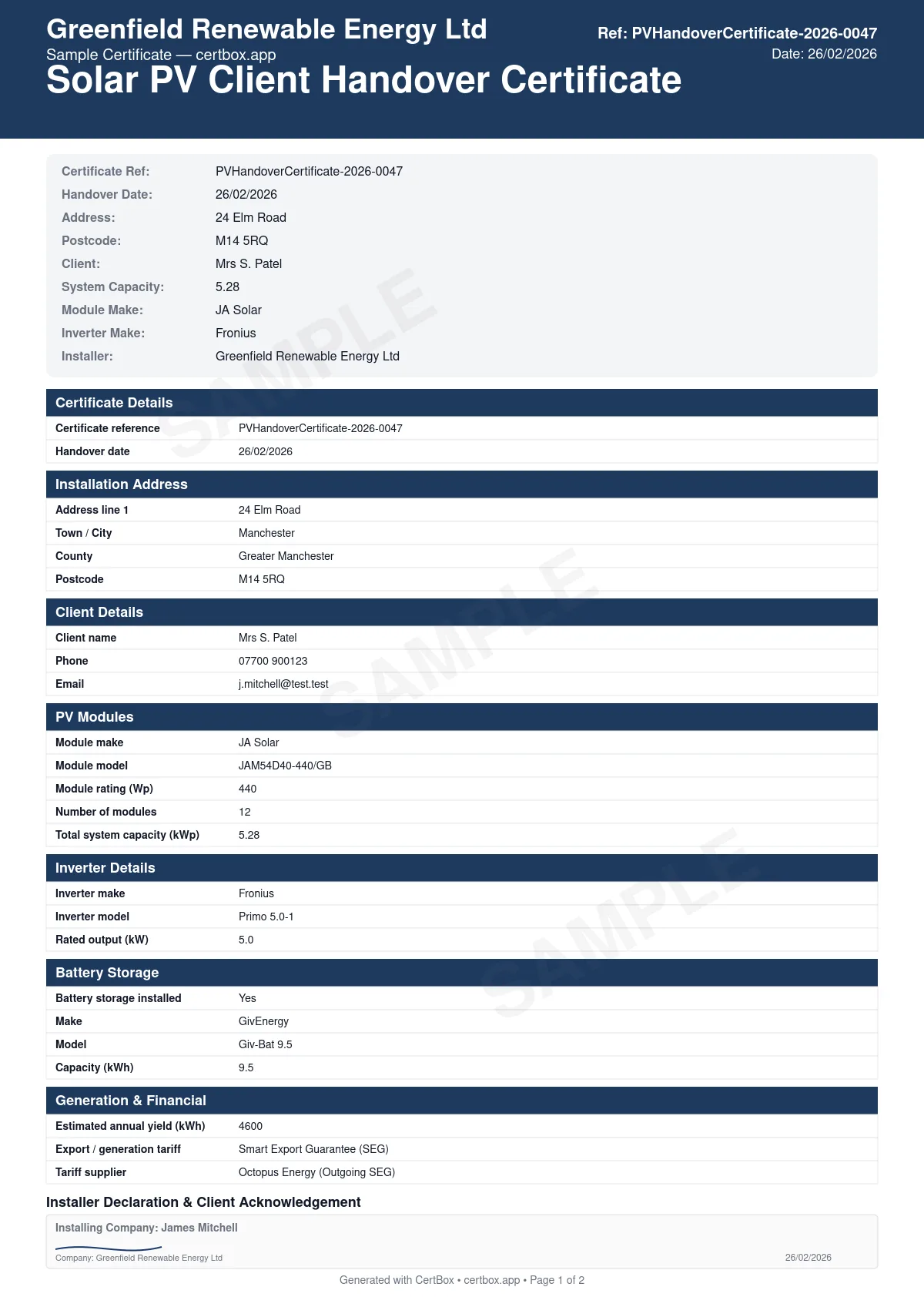 Sample Solar PV Client Handover Certificate certificate created with CertBox, showing the professional PDF layout with system summary (modules, inverter, capacity, battery if applicable), documentation provided checklist (mcs cert, eic, g98 notification, manuals, warranties), client training record (system overview, monitoring, isolation, emergency shutdown)