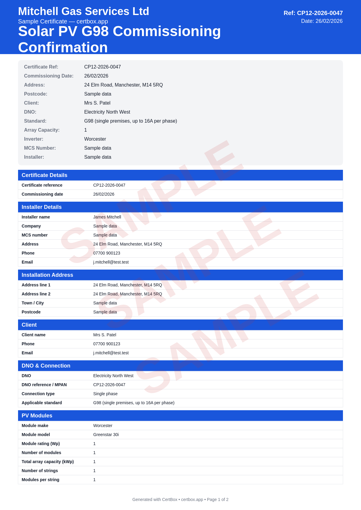 Sample Solar PV G83/2 SSEG Commissioning Confirmation certificate created with CertBox, showing the professional PDF layout with sseg type and grid connection details, inverter protection relay settings (under/over voltage, under/over frequency), loss of mains protection verification