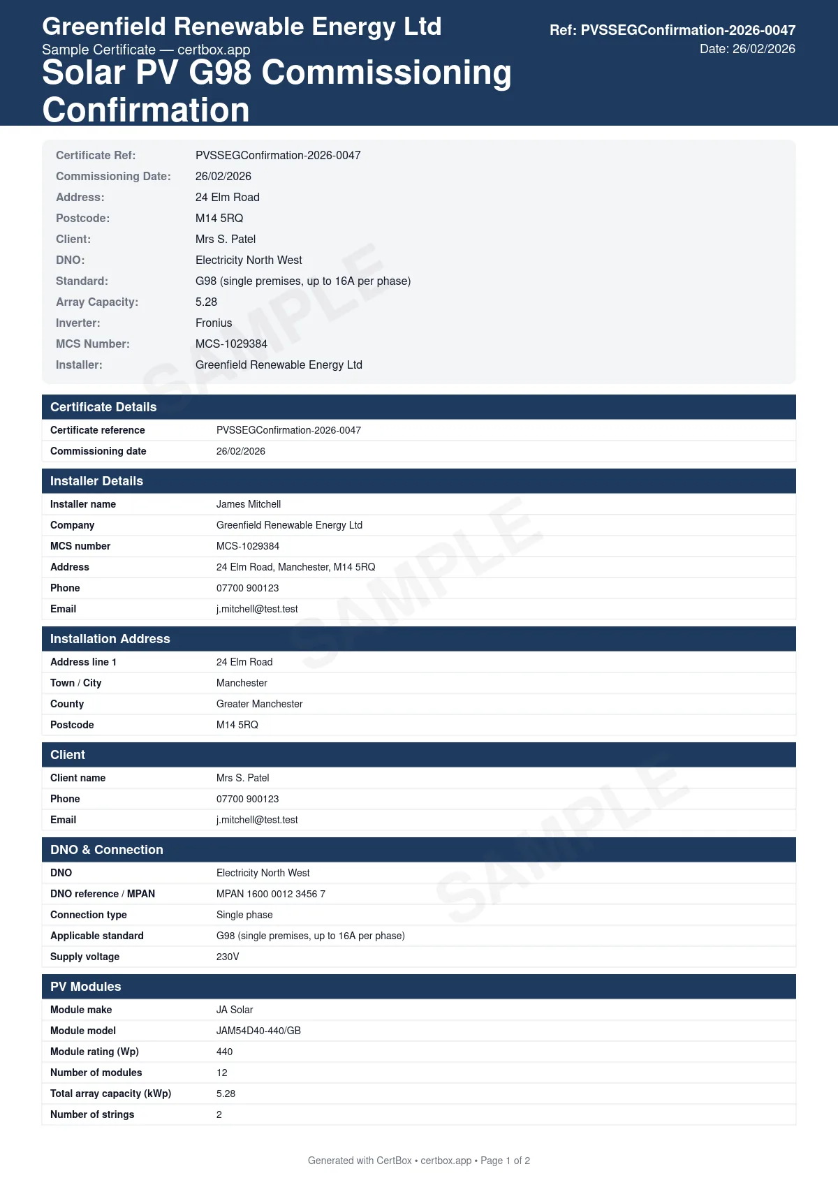 Sample Solar PV G98 SSEG Commissioning Confirmation certificate created with CertBox, showing the professional PDF layout with sseg type and grid connection details, inverter protection relay settings (under/over voltage, under/over frequency), loss of mains protection verification