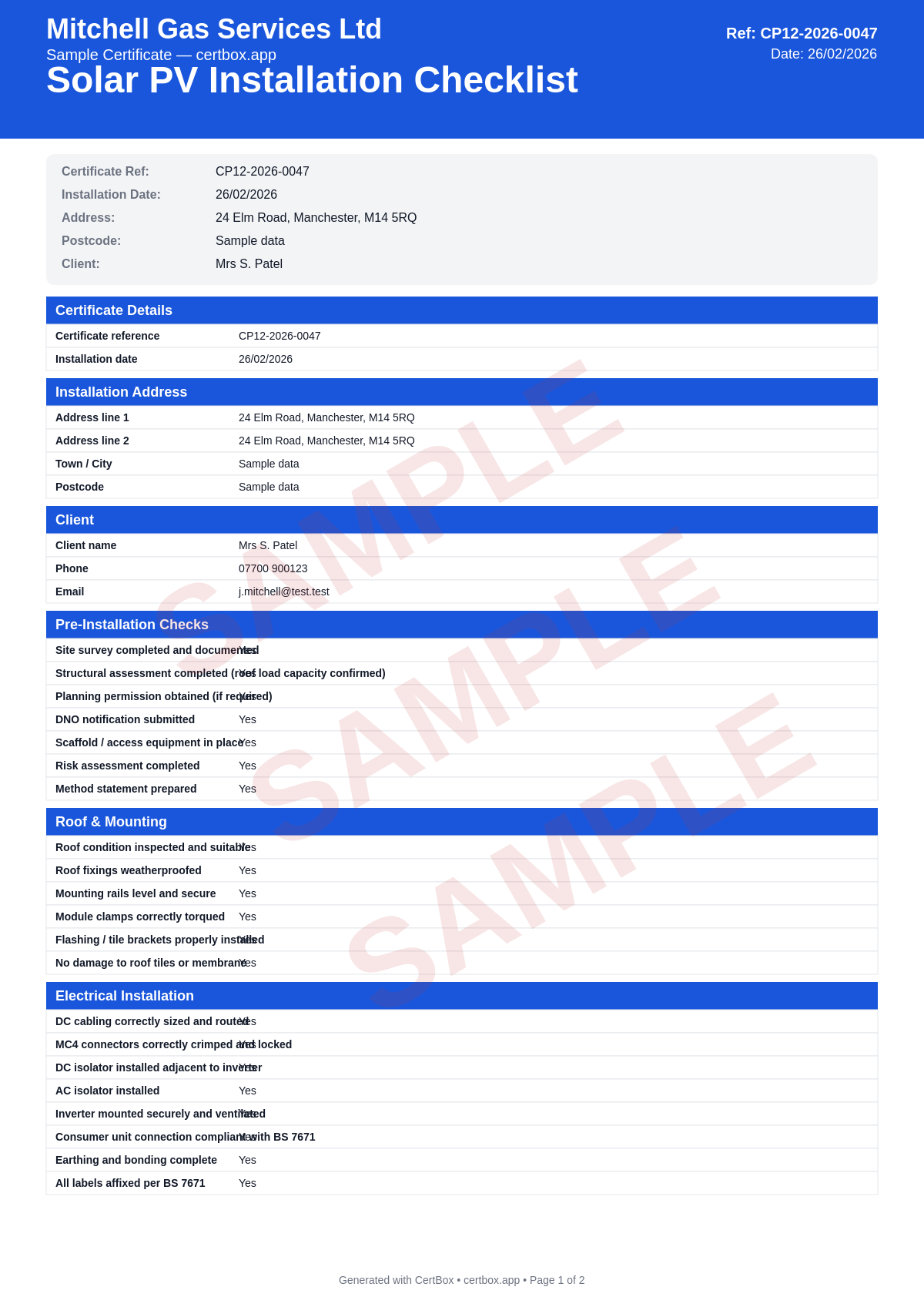 Sample Solar PV Installation Checklist certificate created with CertBox, showing the professional PDF layout with pre-installation checks (site survey, structural assessment, dno notification), roof and mounting system inspection (fixings, rails, clamps, flashing), electrical installation compliance (dc cabling, mc4 connectors, isolators, labelling)