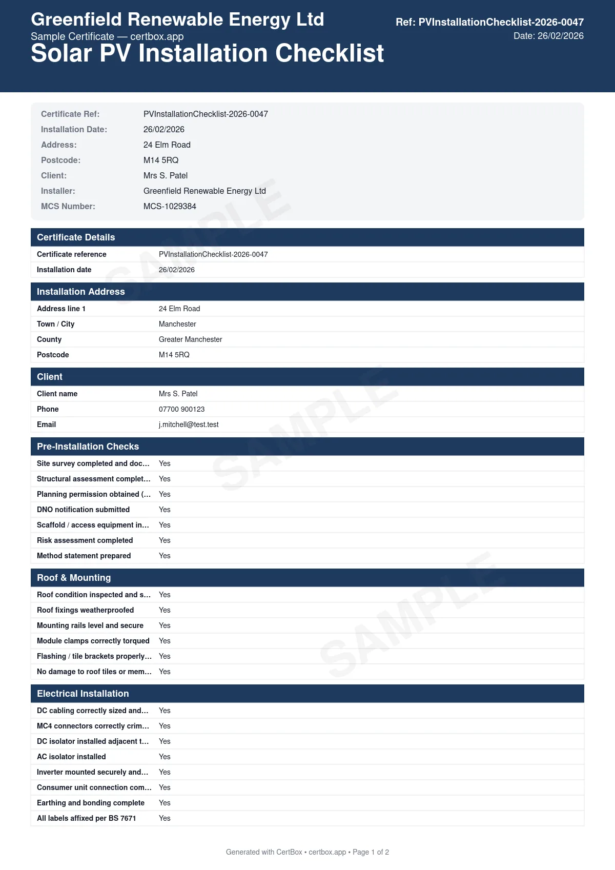Sample Solar PV Installation Checklist certificate created with CertBox, showing the professional PDF layout with pre-installation checks (site survey, structural assessment, dno notification), roof and mounting system inspection (fixings, rails, clamps, flashing), electrical installation compliance (dc cabling, mc4 connectors, isolators, labelling)