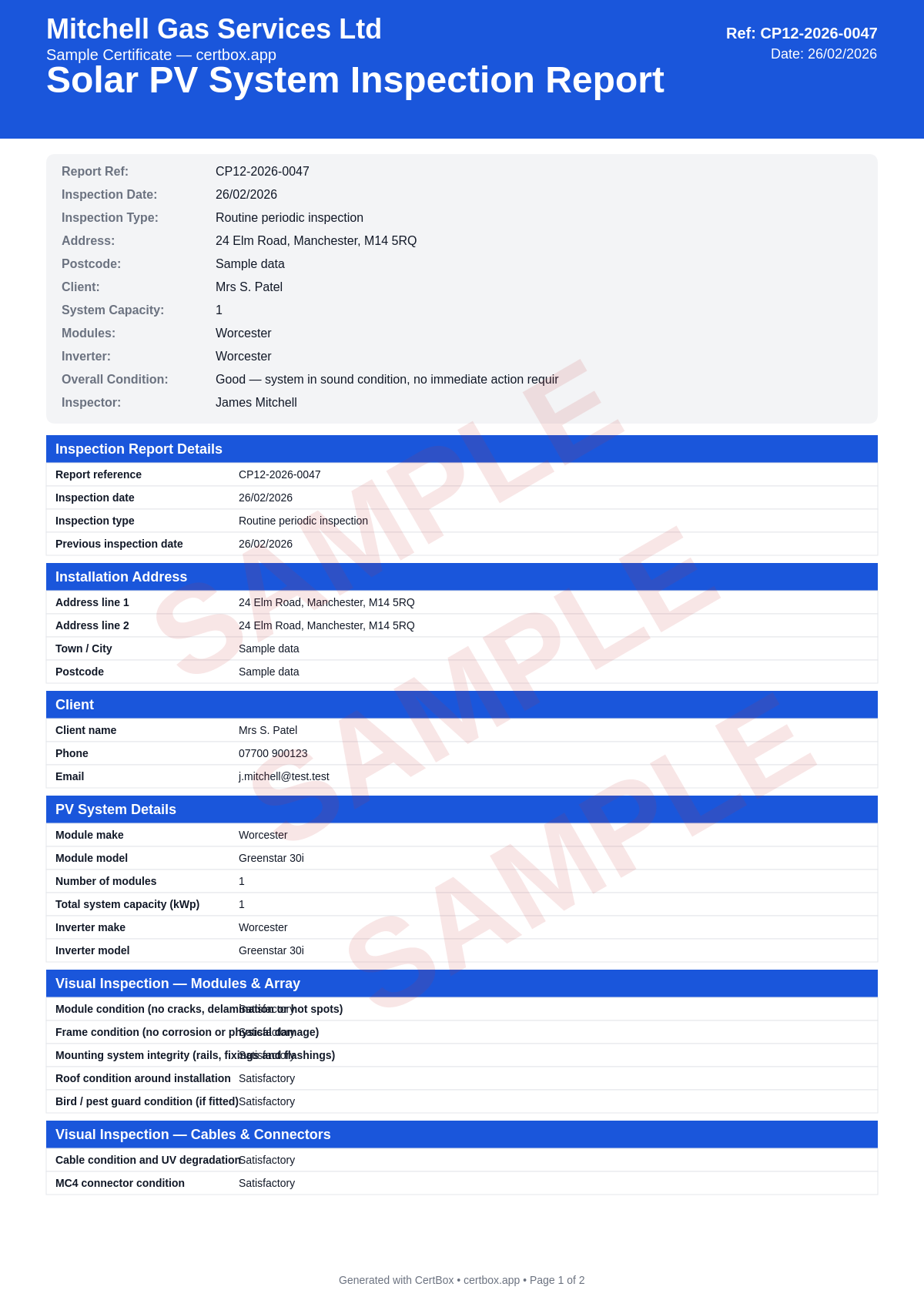 Sample Solar PV System Inspection Report certificate created with CertBox, showing the professional PDF layout with visual inspection of modules, mounting, cables, and isolators, string-by-string voc and isc measurements, insulation resistance, earth continuity, and rcd testing