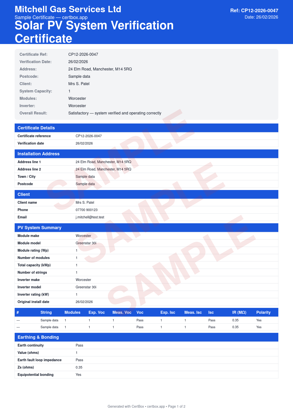 Sample Solar PV System Verification Certificate certificate created with CertBox, showing the professional PDF layout with string voc and isc measurements, insulation resistance and earth continuity test results, dc and ac isolator operation