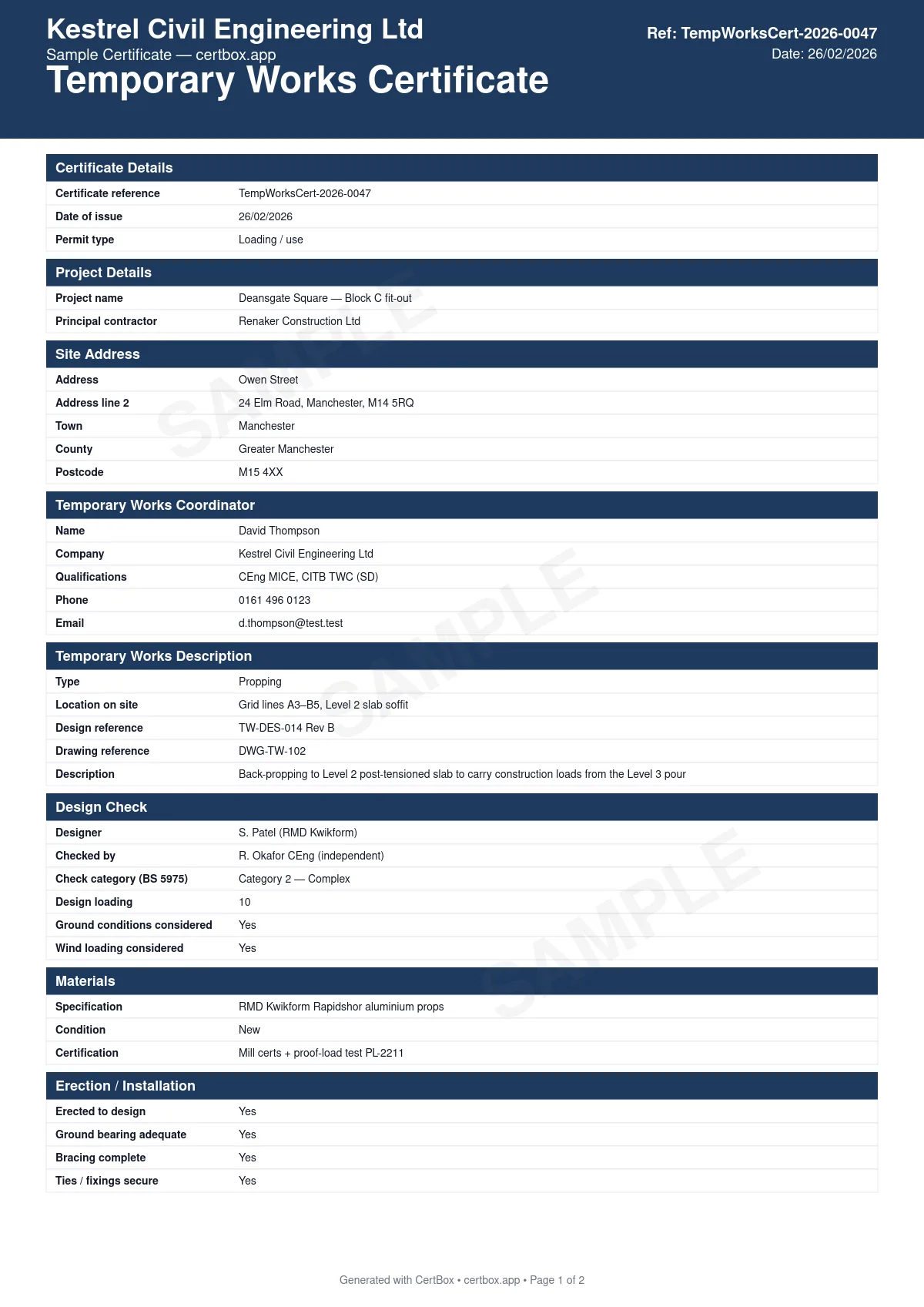 Sample Temporary Works Certificate certificate created with CertBox, showing the professional PDF layout with temporary works description and purpose, design brief and loading, design check certificate