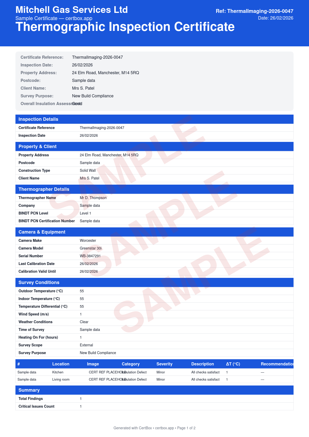 Sample Thermographic Inspection Certificate certificate created with CertBox, showing the professional PDF layout with infrared camera specifications and calibration, environmental conditions during survey, thermal anomalies identified