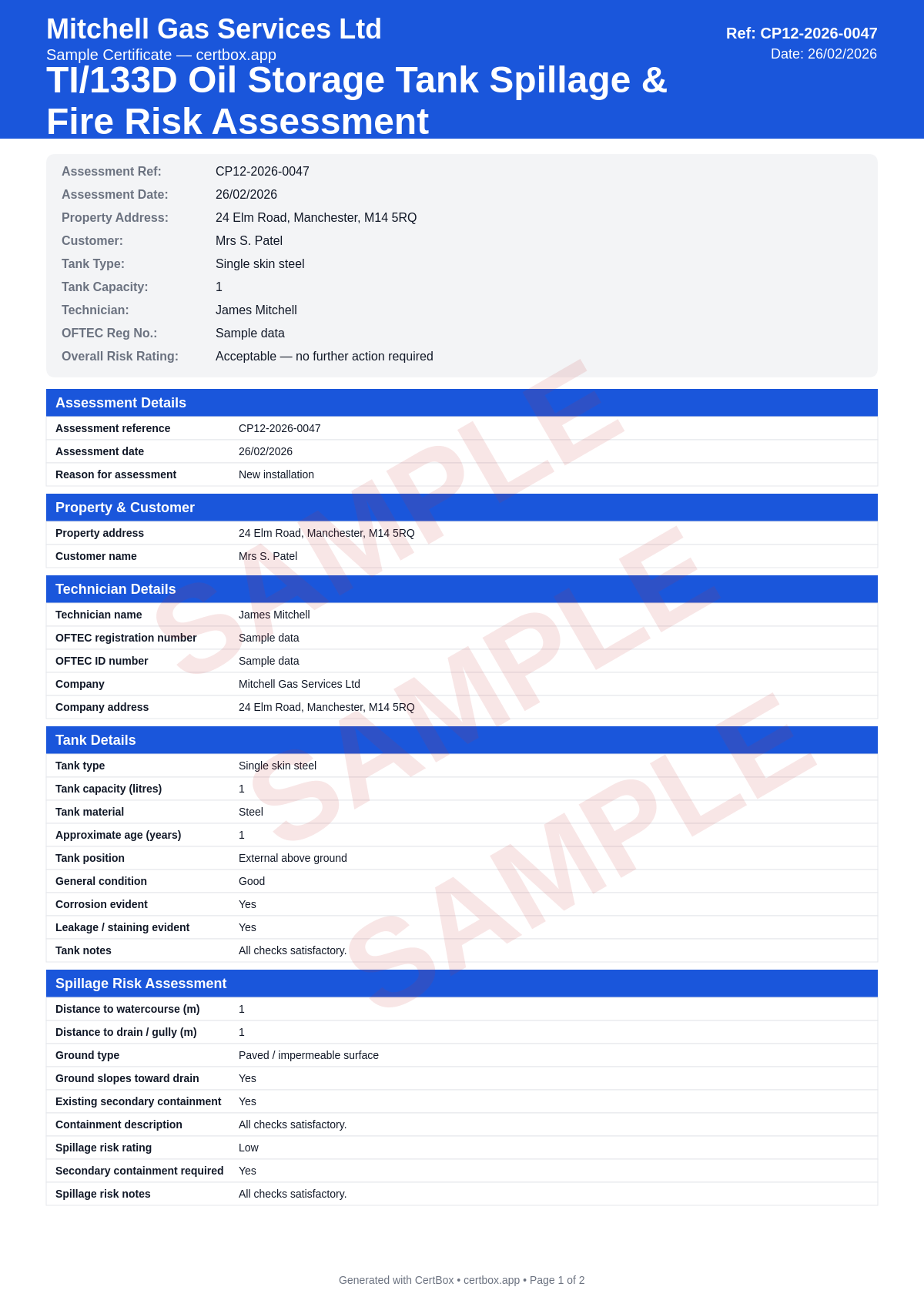 Sample TI/133D Oil Storage Tank Risk Assessment certificate created with CertBox, showing the professional PDF layout with tank specification (type, capacity, age, material), spillage risk assessment (watercourses, drains, ground conditions), existing containment measures