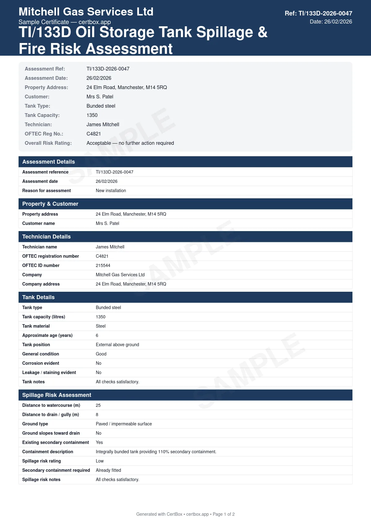 Sample TI/133D Oil Storage Tank Risk Assessment certificate created with CertBox, showing the professional PDF layout with tank specification (type, capacity, age, material), spillage risk assessment (watercourses, drains, ground conditions), existing containment measures
