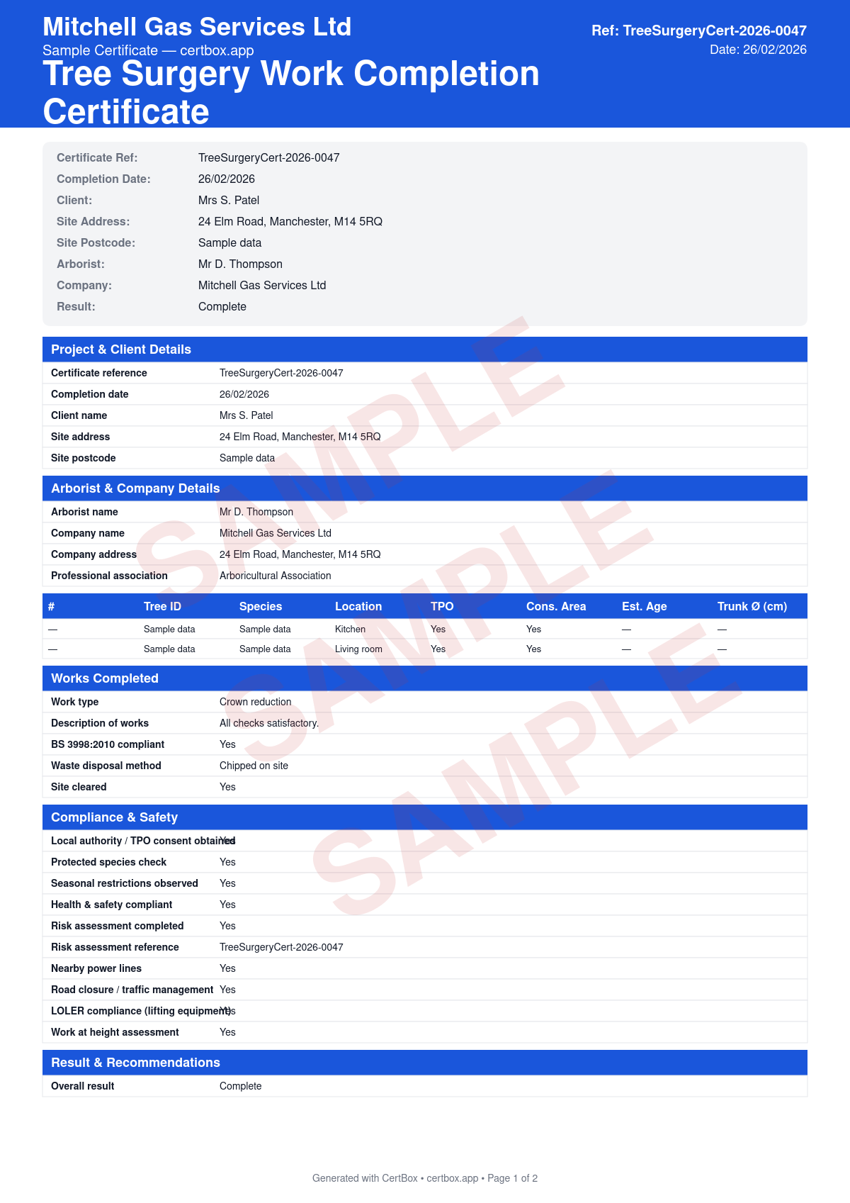 Sample Tree Surgery Work Completion Certificate certificate created with CertBox, showing the professional PDF layout with tree species, location, and condition, works completed (pruning, felling, etc.), tpo and conservation area status