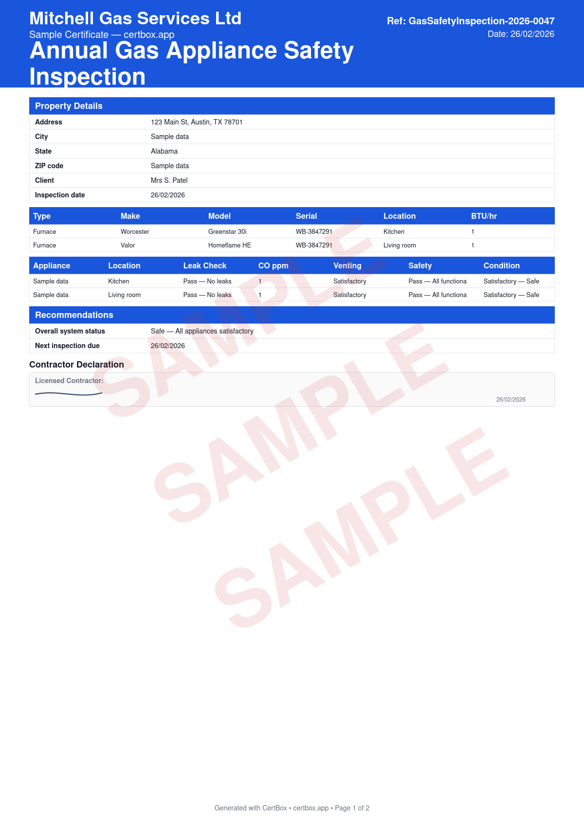 Sample Annual Gas Appliance Safety Inspection certificate created with CertBox, showing the professional PDF layout with visual inspection of all gas appliances, gas leak checks, co level readings