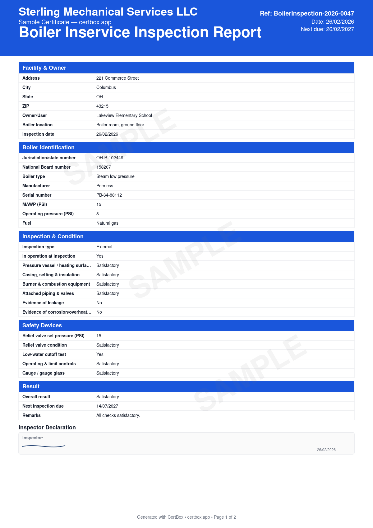 Sample Boiler Inservice Inspection Report certificate created with CertBox, showing the professional PDF layout with boiler identification (jurisdiction and national board numbers), internal/external inspection scope, pressure vessel, burner and piping condition