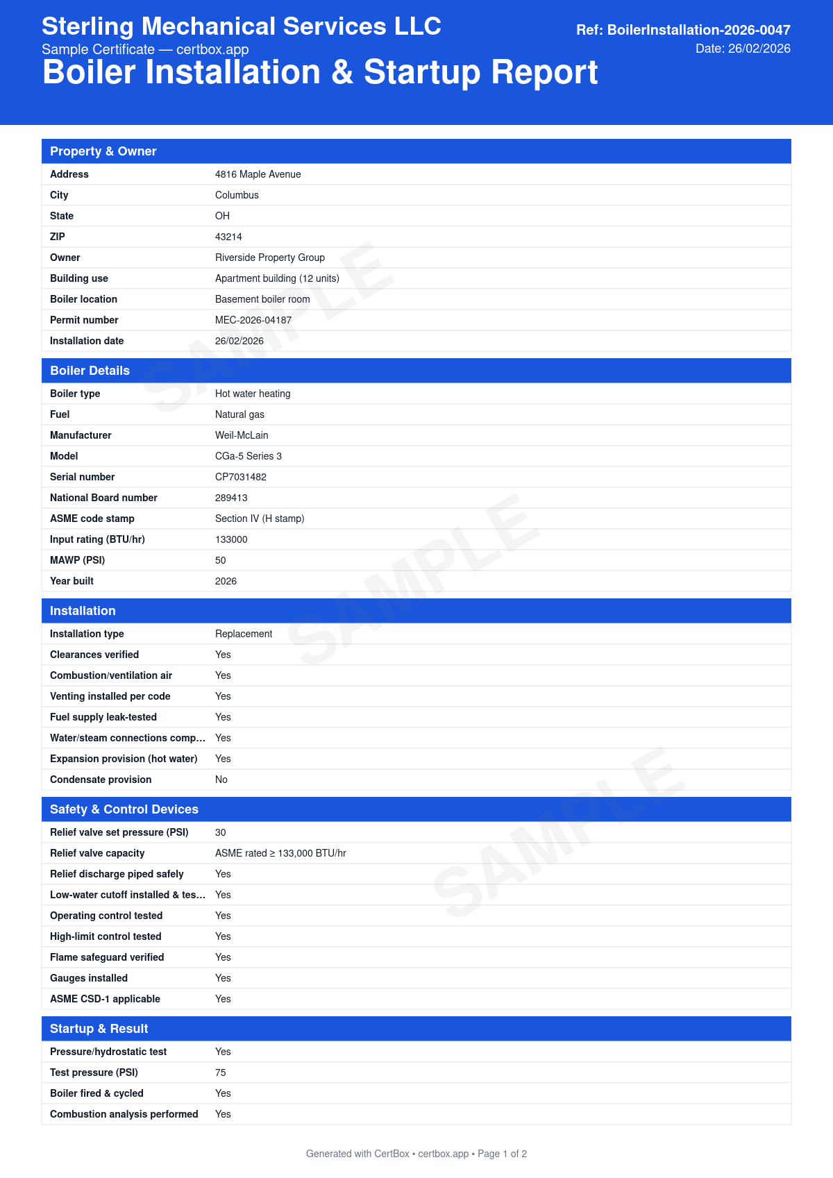 Sample Boiler Installation & Startup Report certificate created with CertBox, showing the professional PDF layout with boiler nameplate, asme stamp and national board number, mawp and relief valve set pressure, low-water cutoff and limit controls