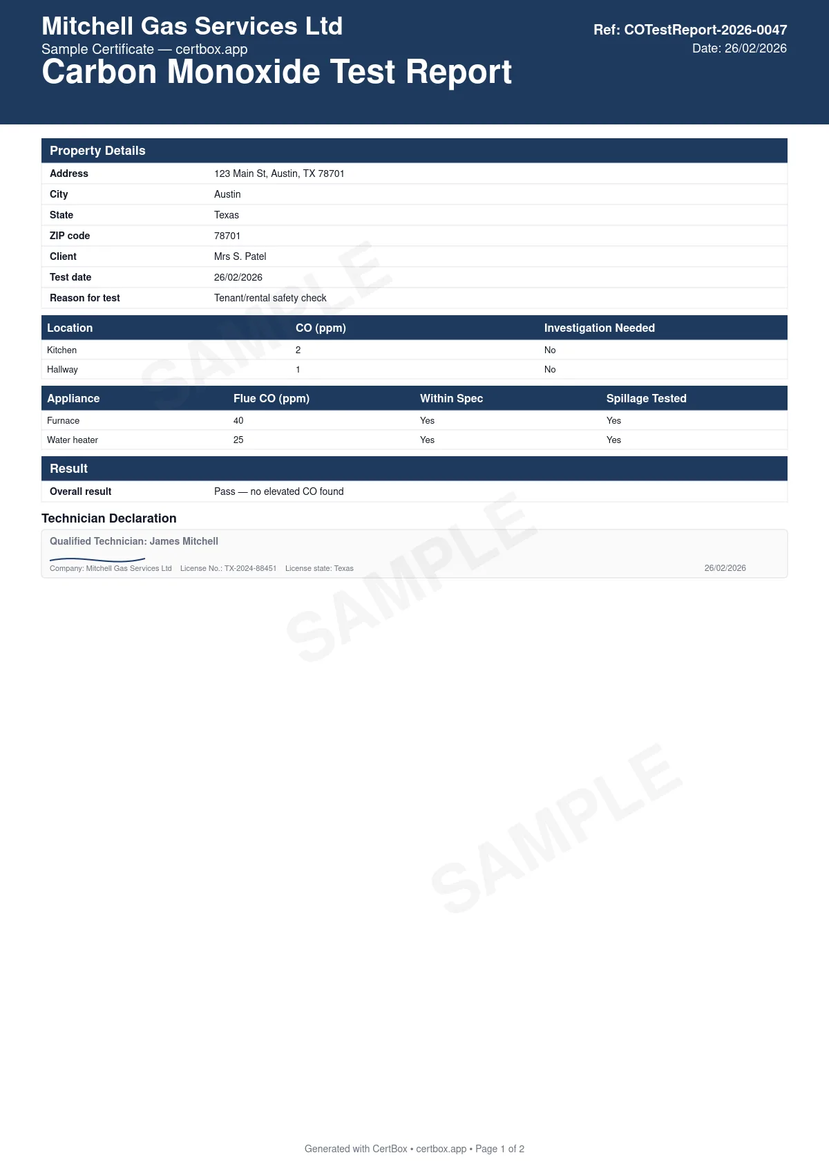 Sample Carbon Monoxide Test Report certificate created with CertBox, showing the professional PDF layout with ambient co reading at each location tested, whether investigation/action was needed, combustion appliance flue-gas co readings