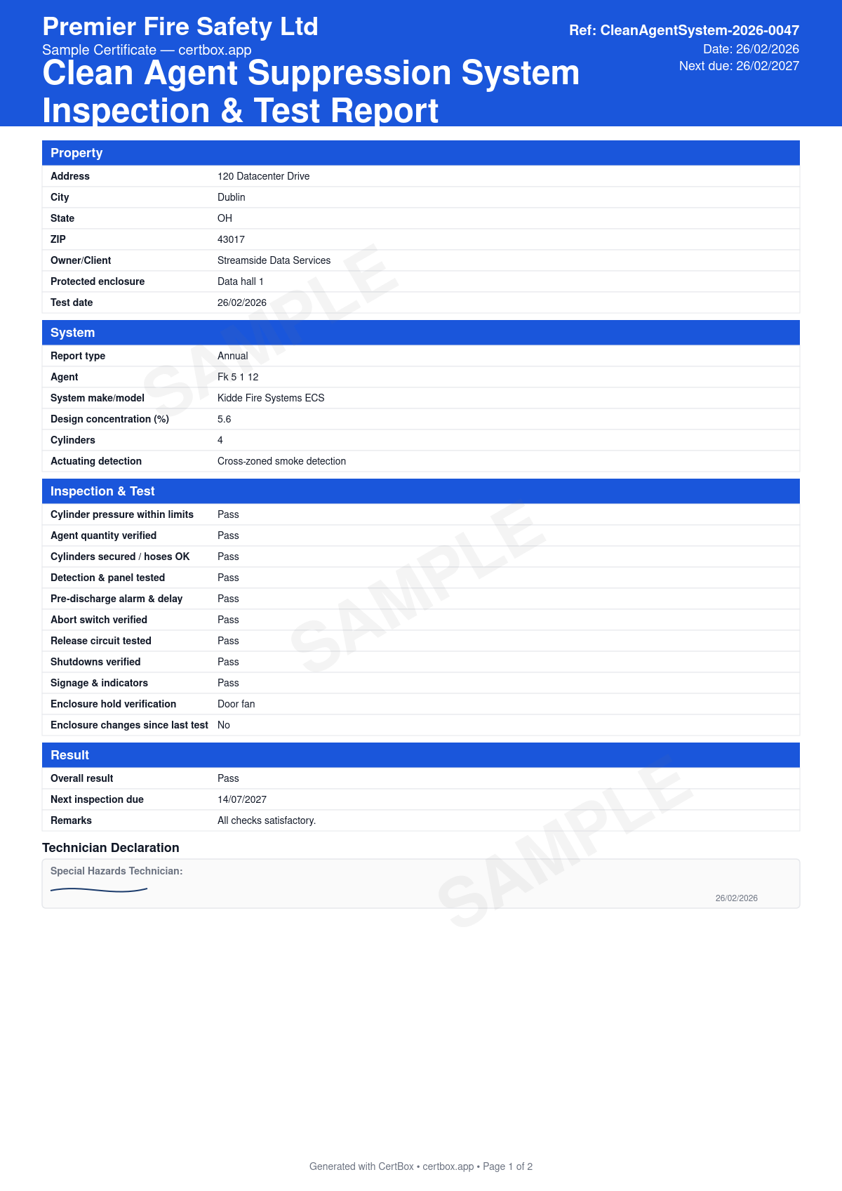 Sample Clean Agent Suppression System Inspection & Test Report certificate created with CertBox, showing the professional PDF layout with agent type and design concentration, cylinder pressure and agent quantity checks, detection, pre-discharge alarm and time delay
