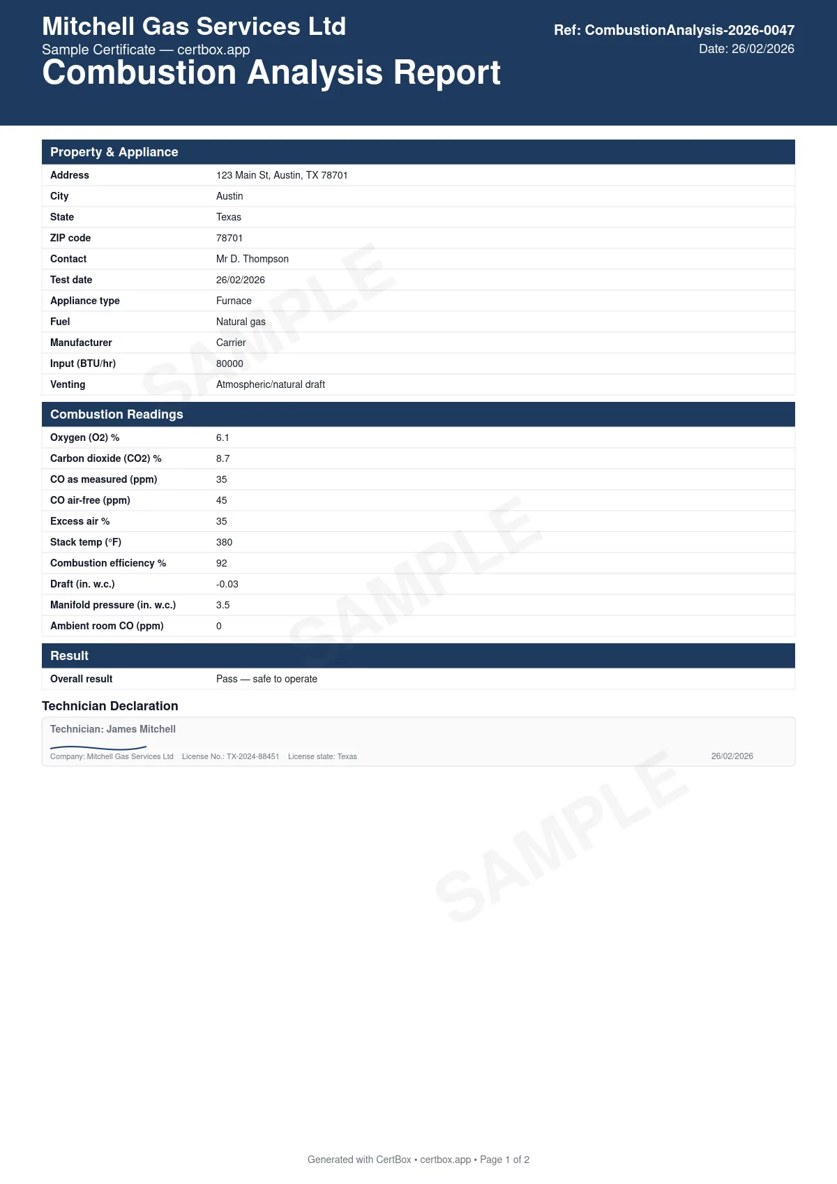 Sample Combustion Analysis Report certificate created with CertBox, showing the professional PDF layout with appliance identification and fuel type, oxygen (o2) and carbon dioxide (co2), co as-measured and air-free