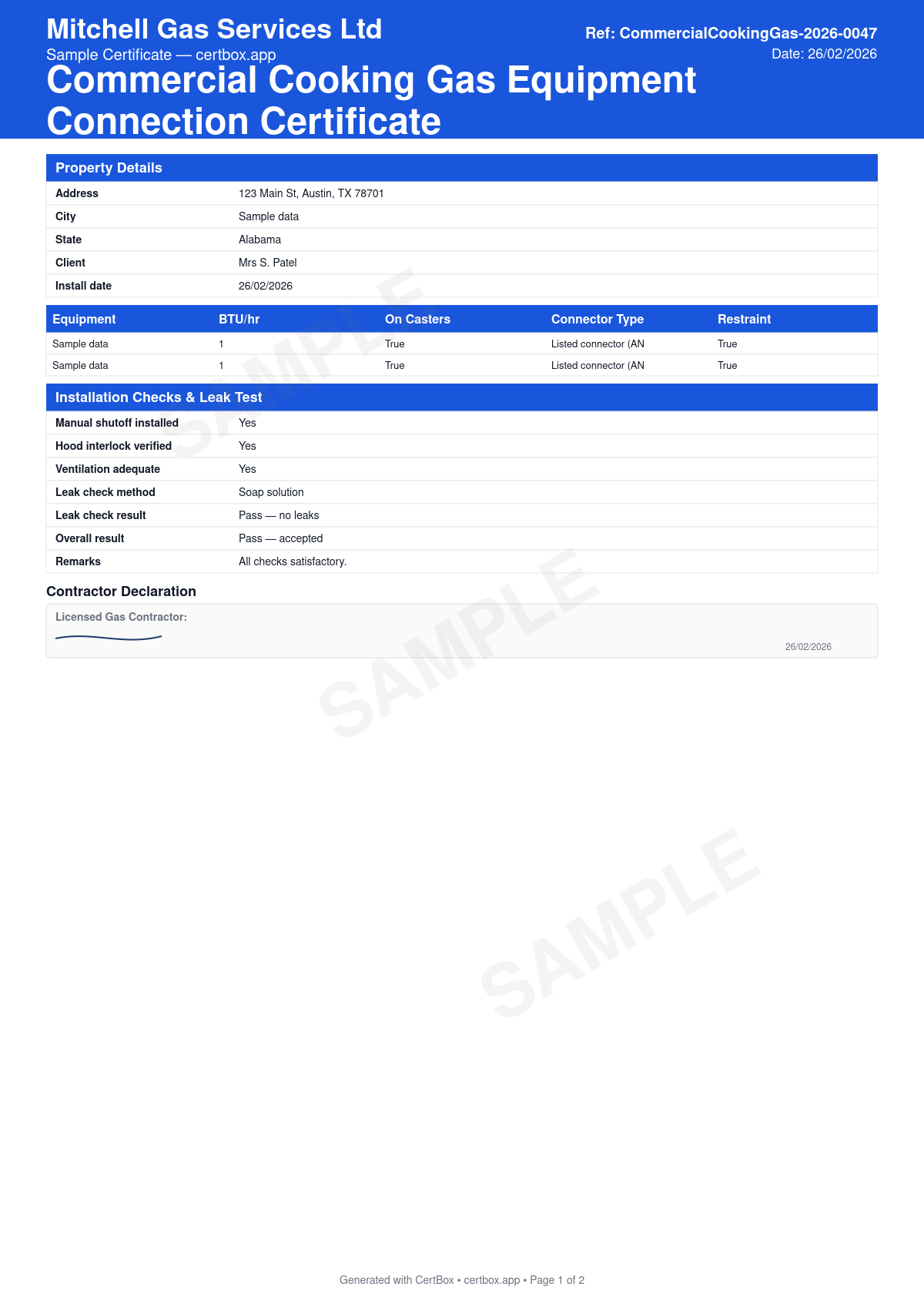 Sample Commercial Cooking Gas Equipment Connection Certificate certificate created with CertBox, showing the professional PDF layout with equipment served, listed connector standard and rating, restraint device for equipment on casters